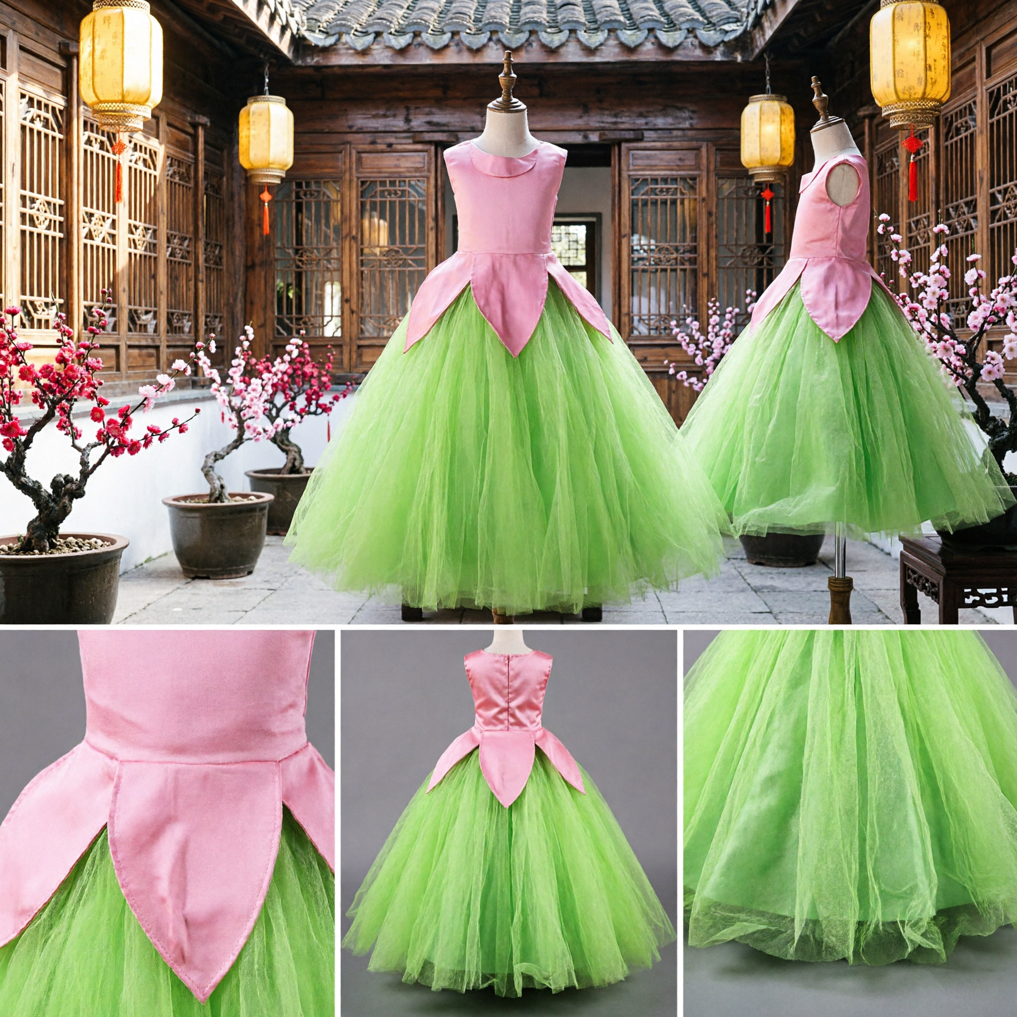 Girls Green Tulip Flower Costume Dress Pink Bodice Tulle Skirt for Halloween Stage Performance