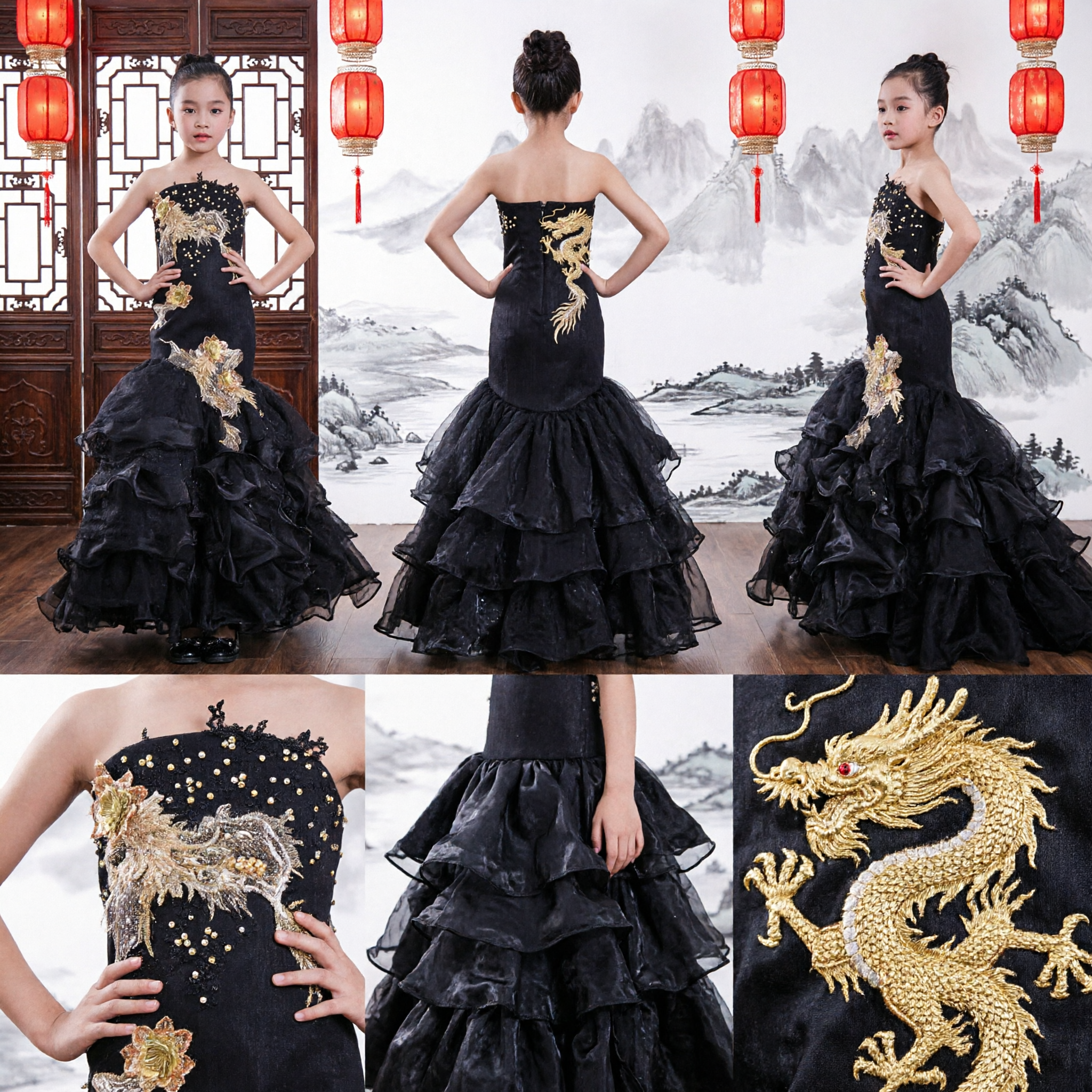 Elegant Black Strapless Mermaid Evening Gown for Girls with Gold Floral Embroidery and Ruffled Hem