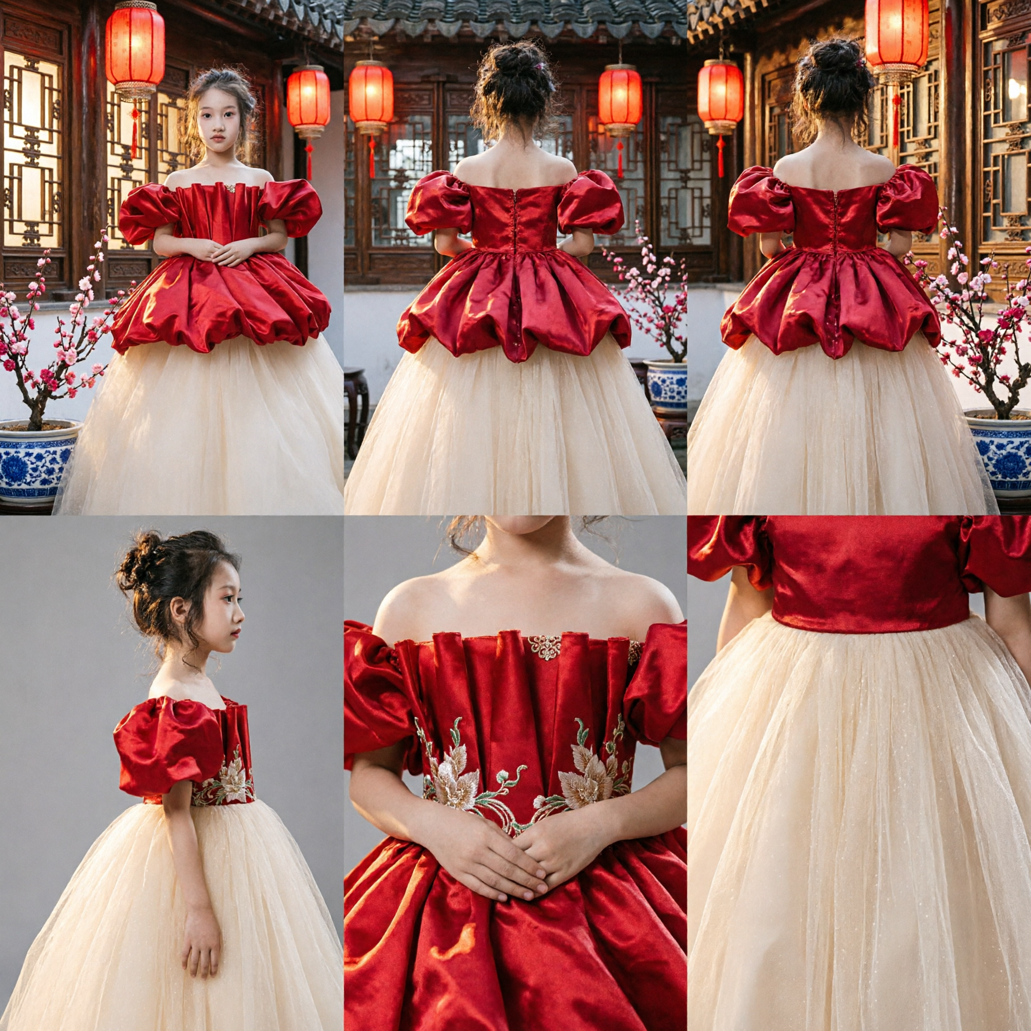 Luxury Red Off-Shoulder Puffy Sleeve Ballgown with Cream Tulle Skirt for Girls Wedding Pageant Formal Dress