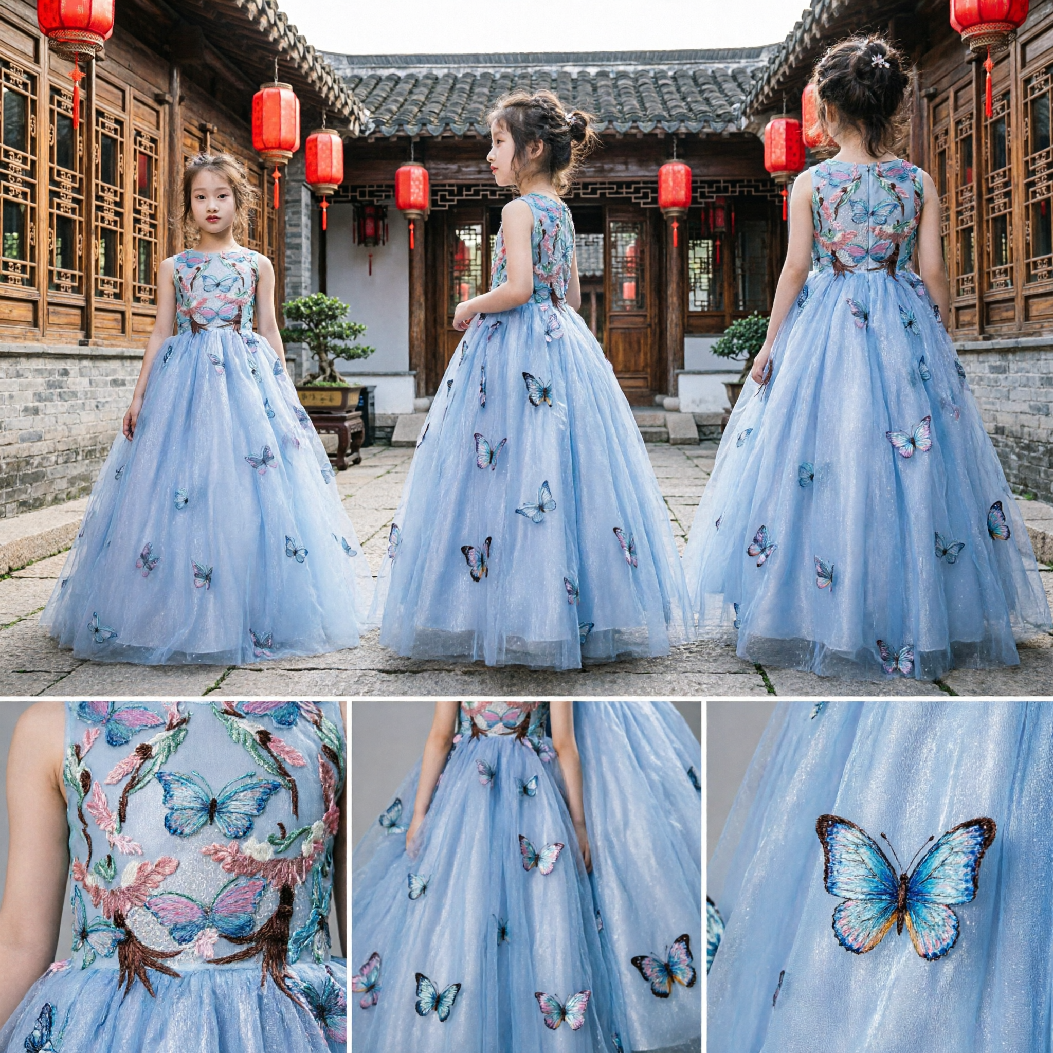 Girls Blue Butterfly Tulle Ball Gown Dress for Kids Formal Party Wedding Pageant Wear