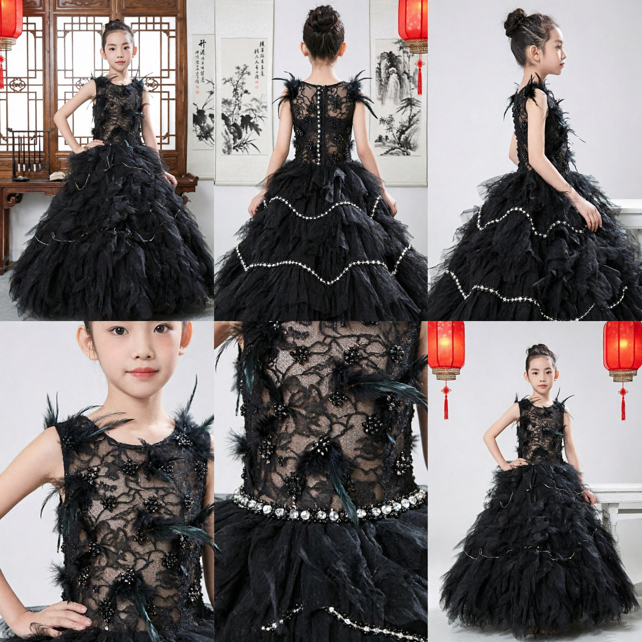 Luxury Black Feather Tulle Princess Dress for Girls Stage Performance Formal Evening Gown Costume