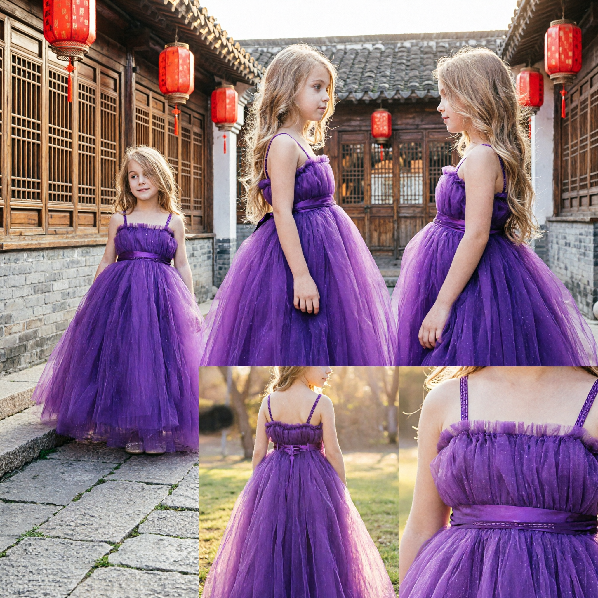 Elegant Purple Tulle Flower Girl Dress Kids Formal Party Gown Princess Wedding Pageant