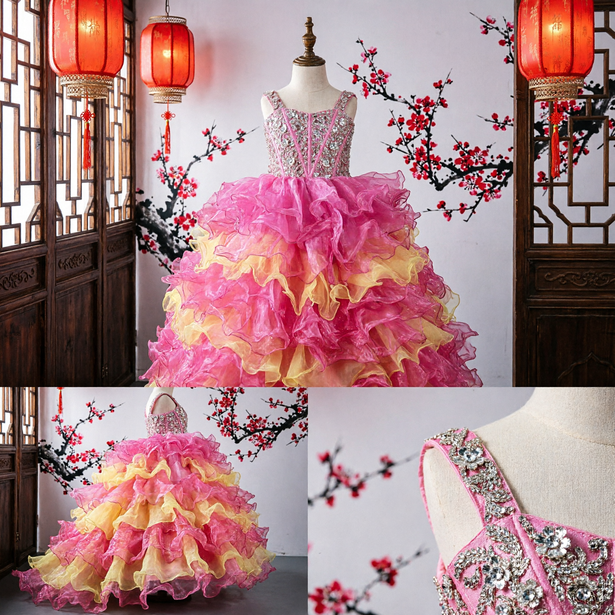 Kids Girls Pink and Yellow Ruffled Sequin Ball Gown Princess Dress for Stage Performance Wedding