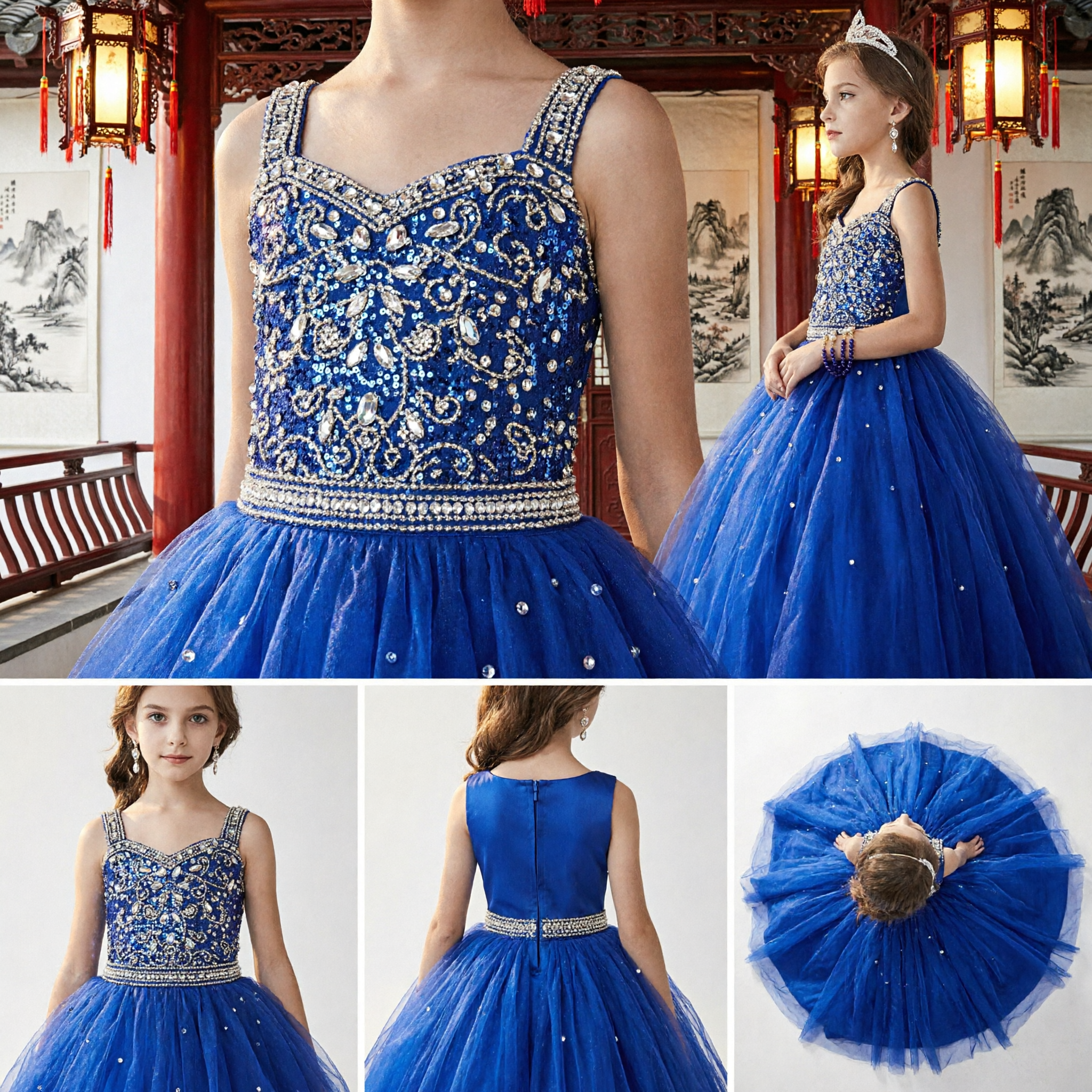Royal Blue Flower Girl Dress Beaded Bodice Tulle Ballgown for Kids Wedding Pageant Party