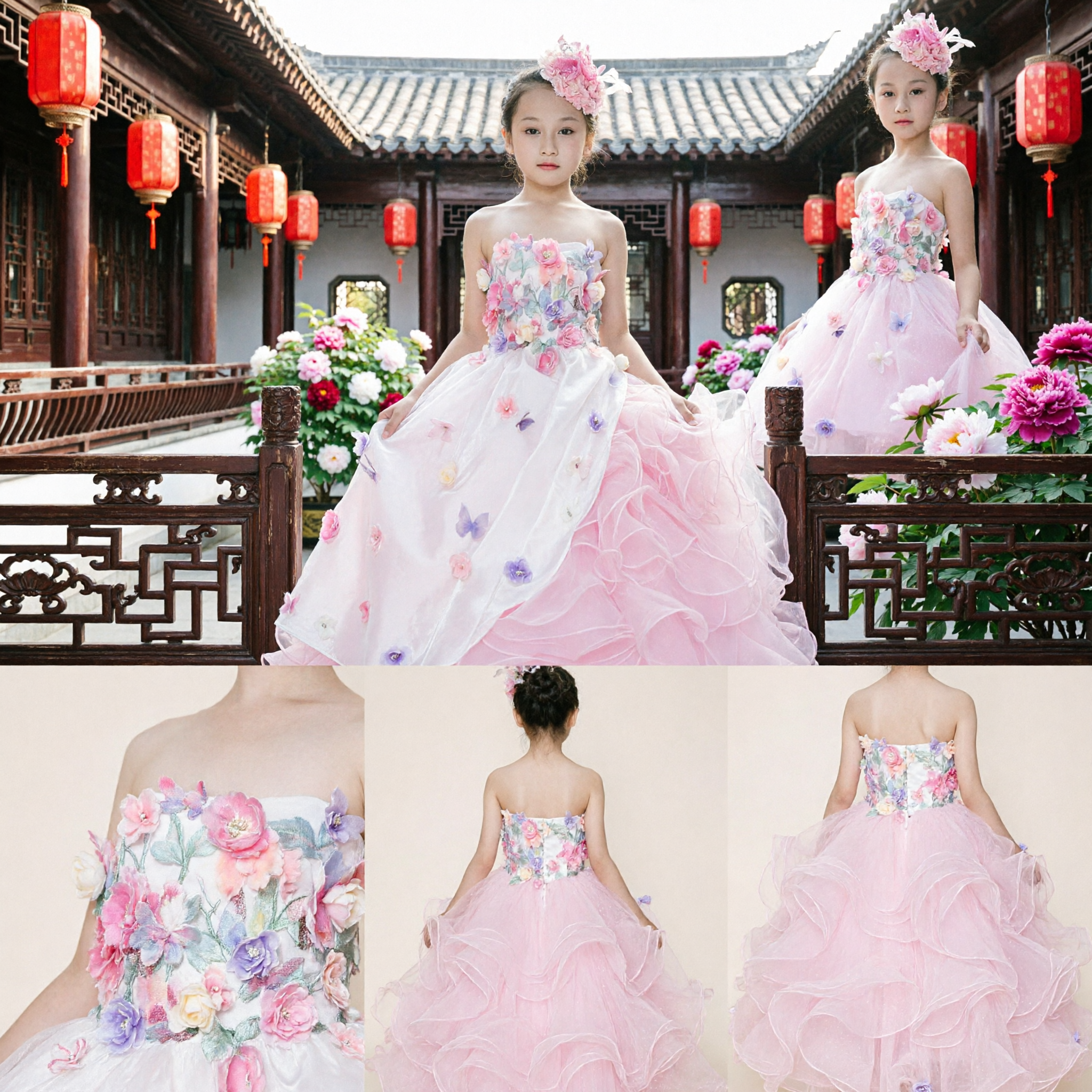 Girls Elegant Floral Strapless Ball Gown Pink Ruffle Tulle Flower Girl Dress for Wedding Pageant
