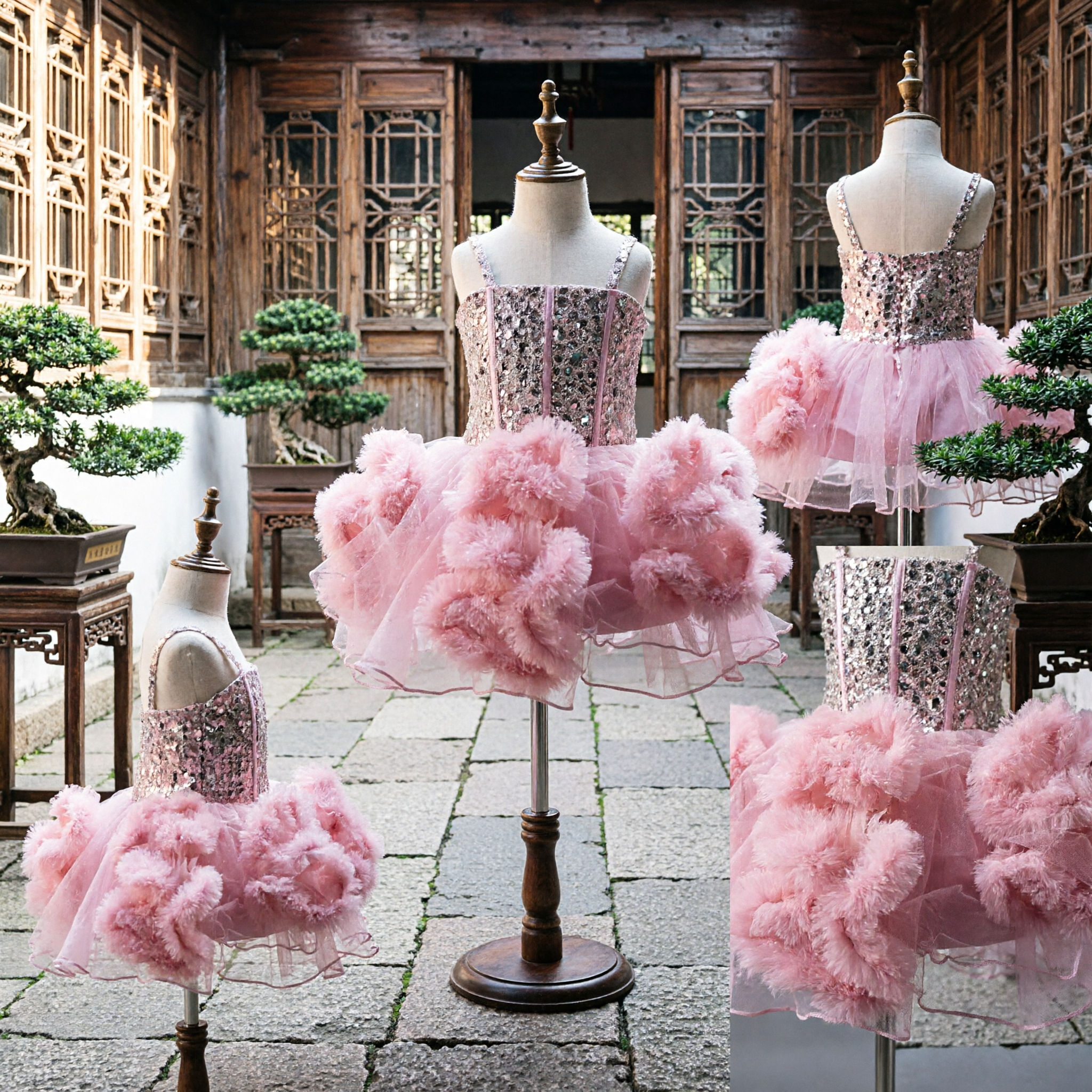 Girls Pink Sequin Ballet Tutu Dress Ruffled Skirt Kids Stage Performance Recital Dance Costume