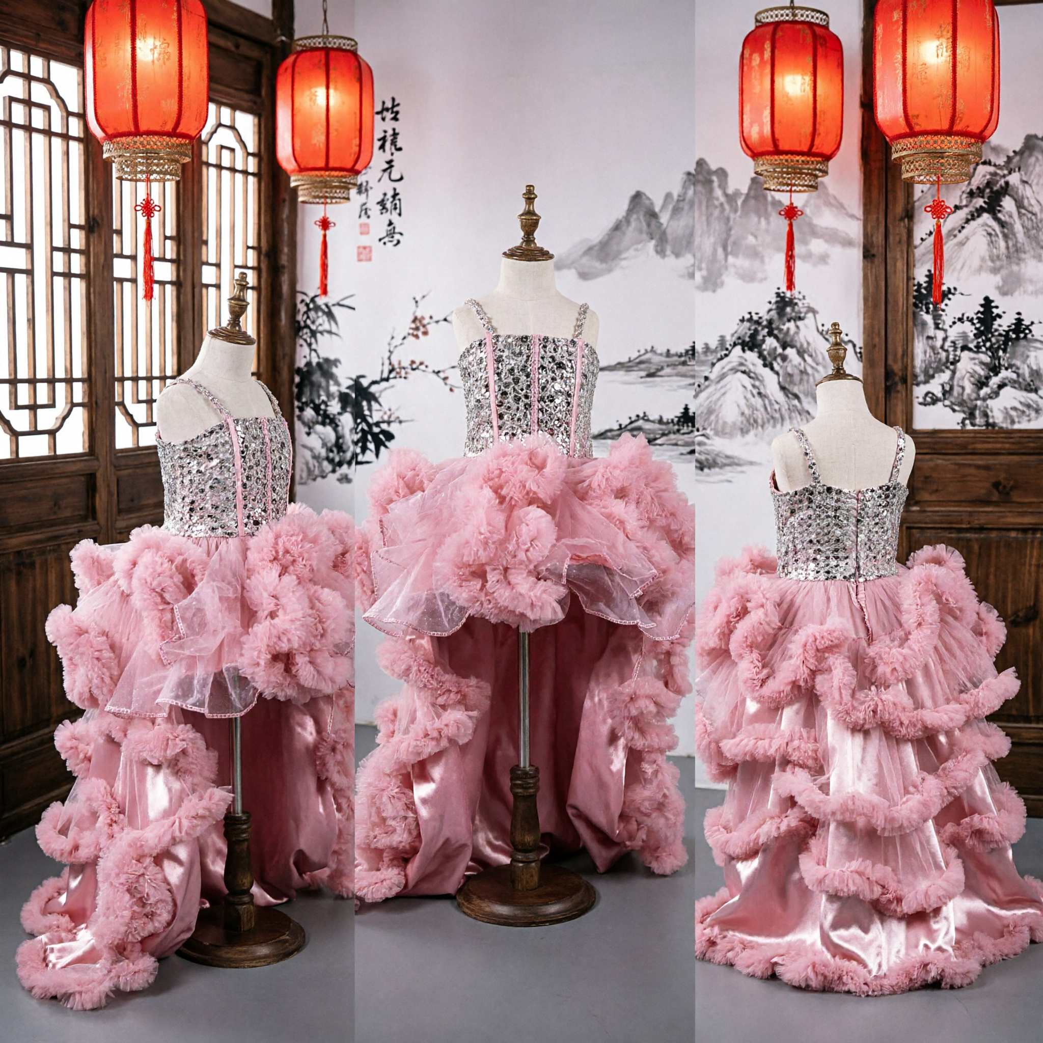 Girls Pink Sequined Bodice Ruffled Tulle Ball Gown for Flower Girl Wedding and Pageant Performance