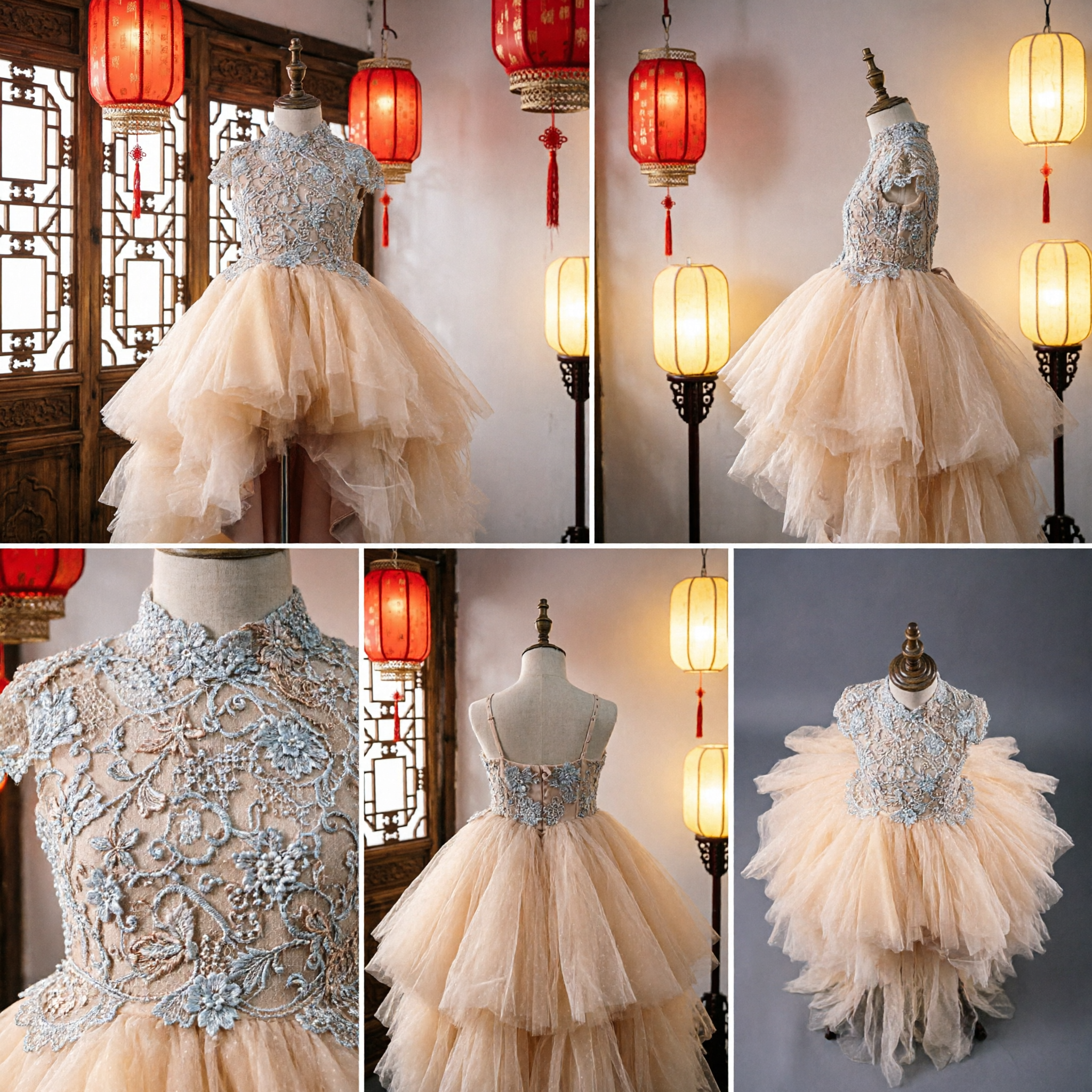 Girls Elegant Champagne Lace Bodice High-Low Tulle Ball Gown Formal Dress for Flower Girl Wedding Party