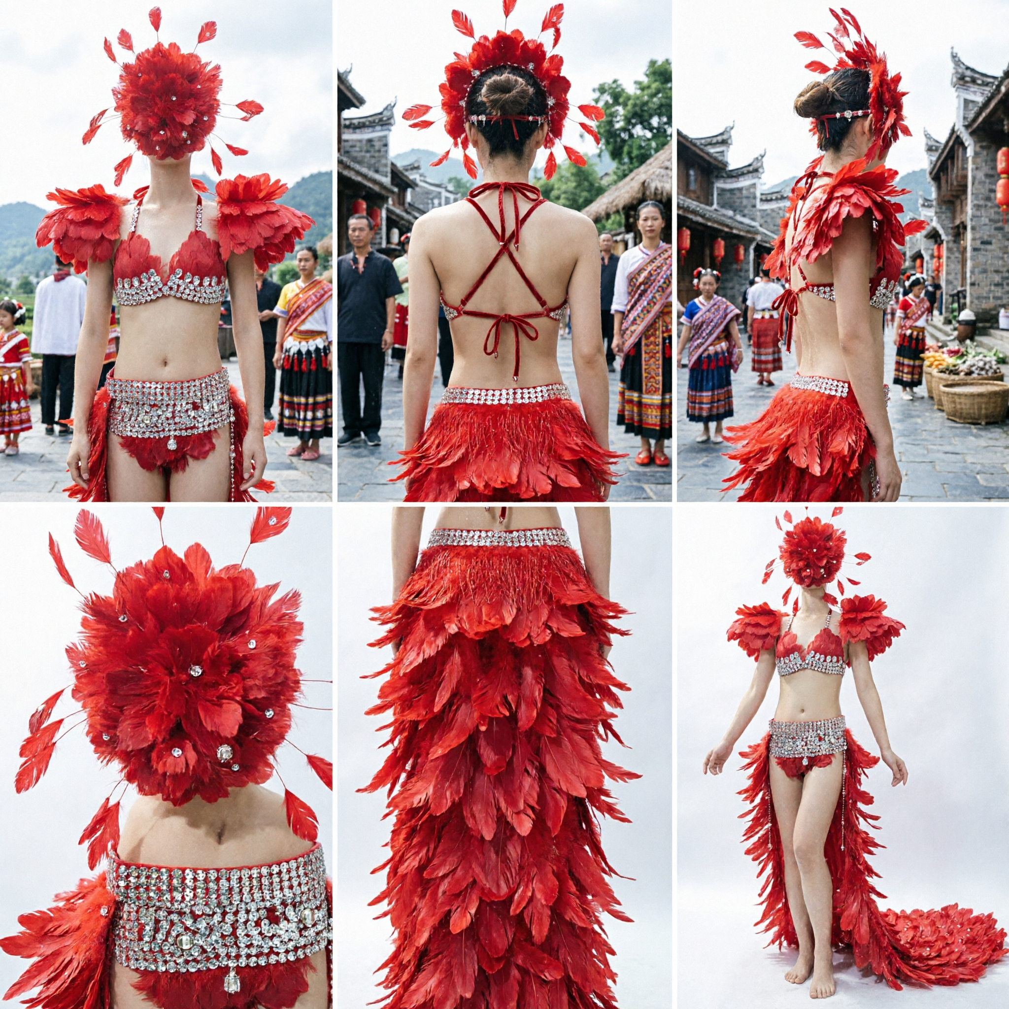 Red Feather Samba Carnival Costume Set with Rhinestone Bra Headdress and Skirt for Women Stage Performance