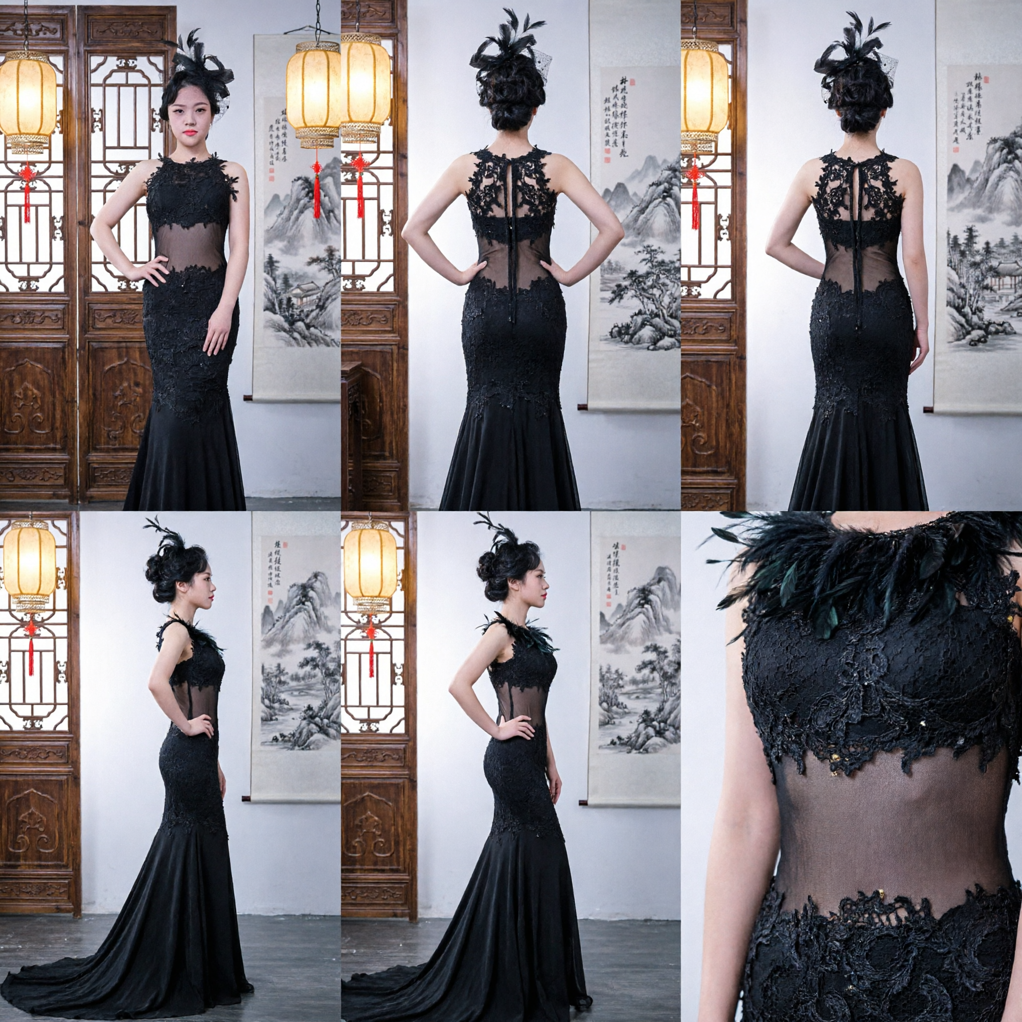 Elegant Black Lace Mermaid Evening Gown with Sheer Panel for Women's Formal Prom and Stage Hosting