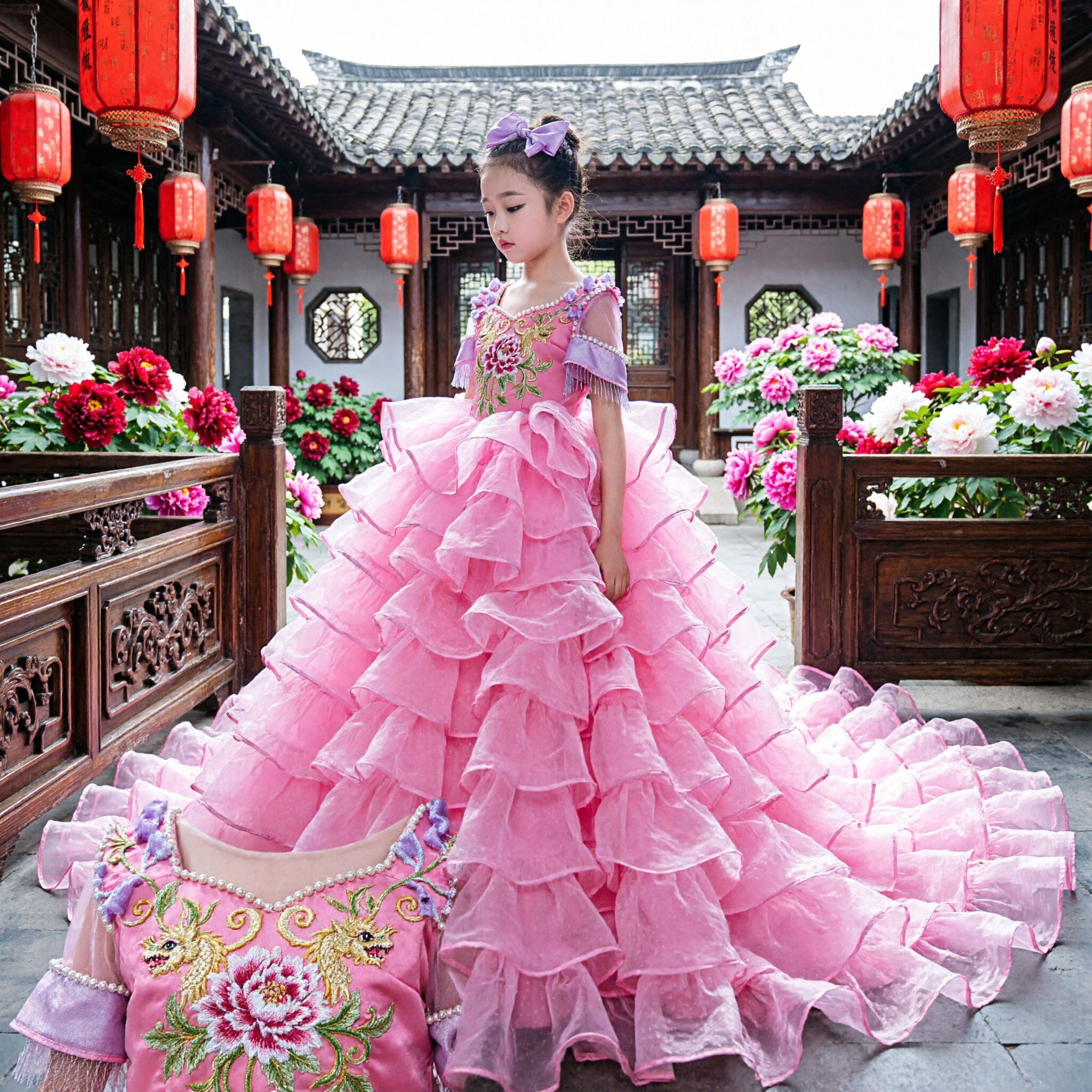 Girls Pink Ruffled Ballgown Dress for Stage Performance Pageant Wedding Flower Girl Long Train
