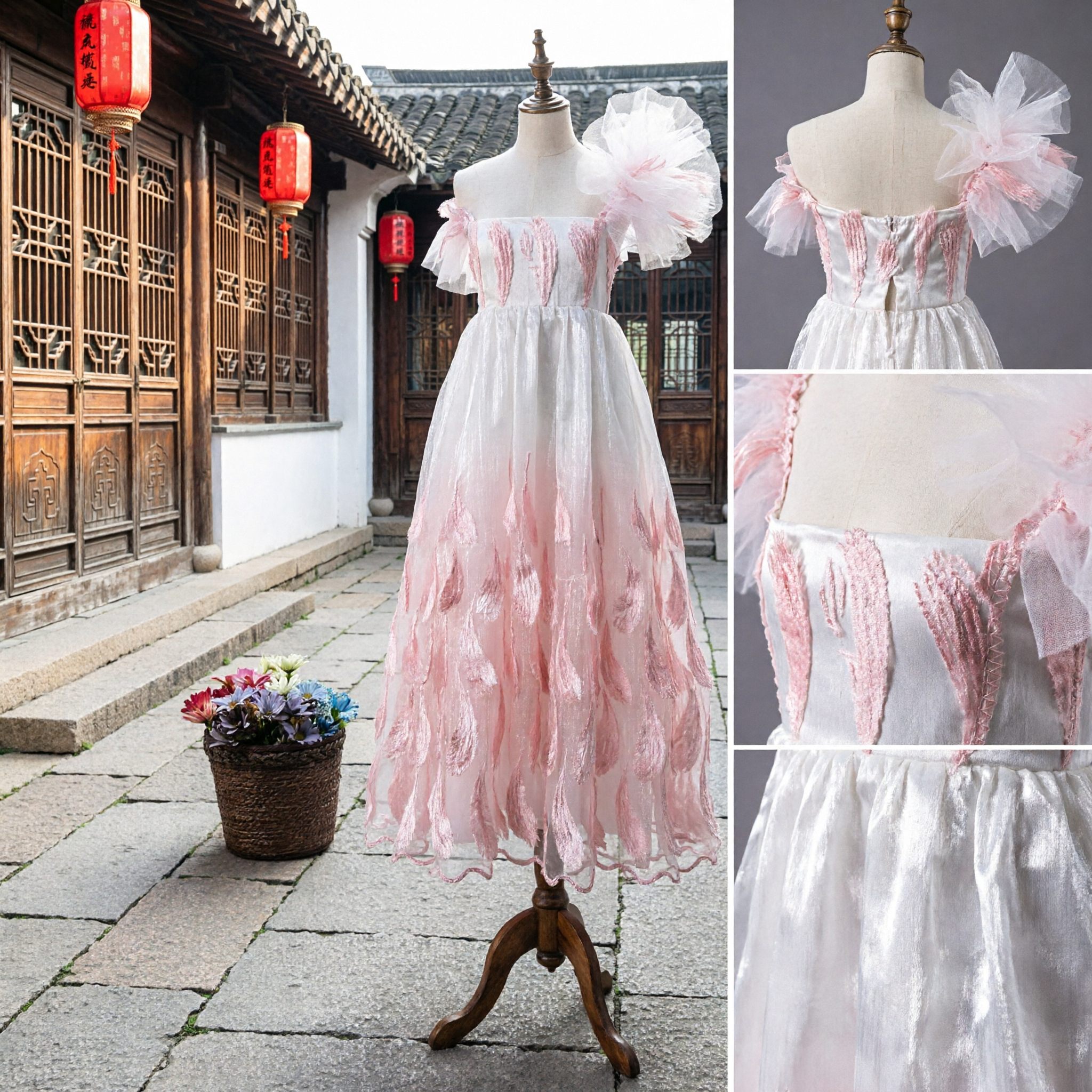 Women's Chinese Traditional Dance Costume White and Pink Peacock Feather Dress for Stage Performance