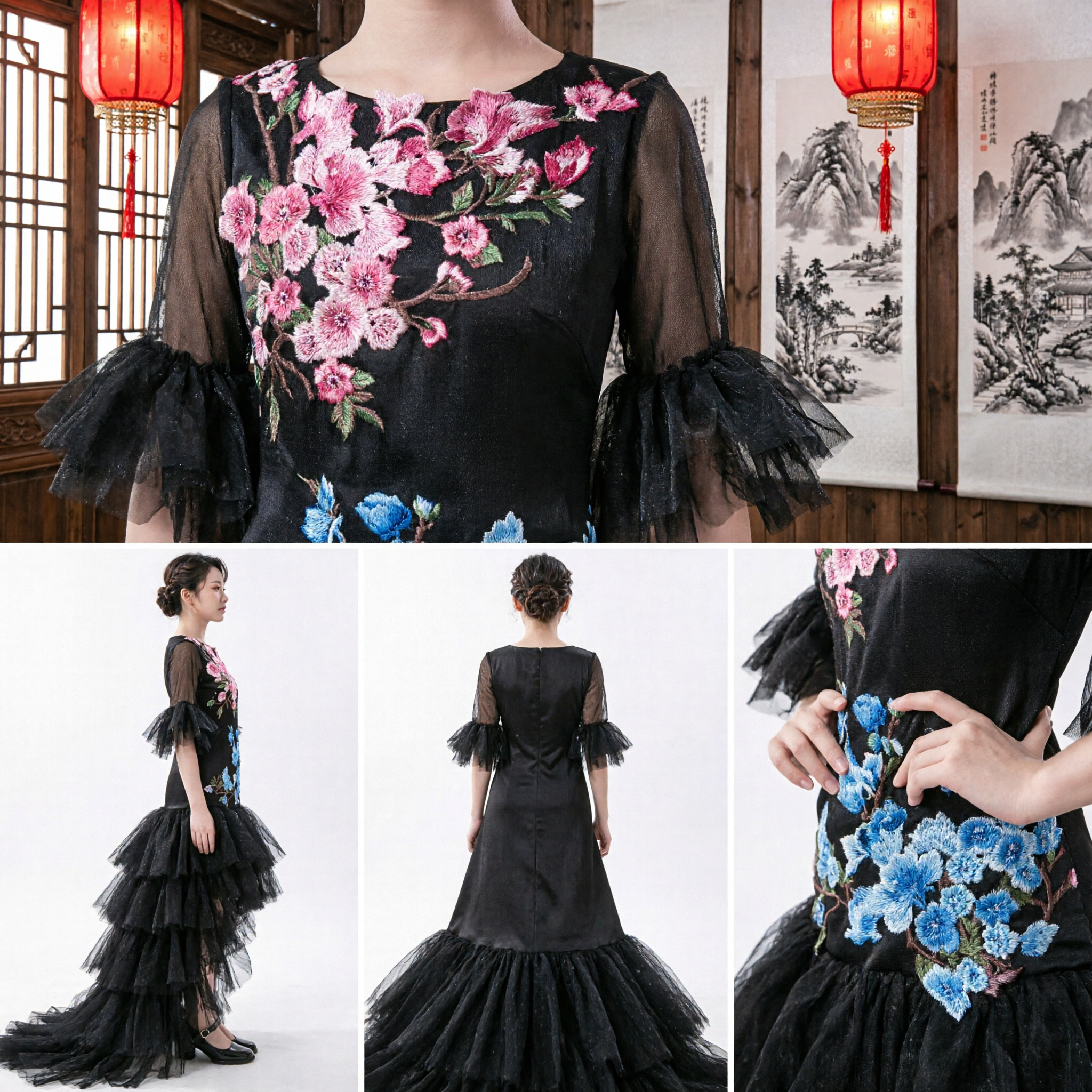 Black Floral Embroidery Chinese Traditional Dance Costume for Girls Stage Performance Dress with Tulle Skirt