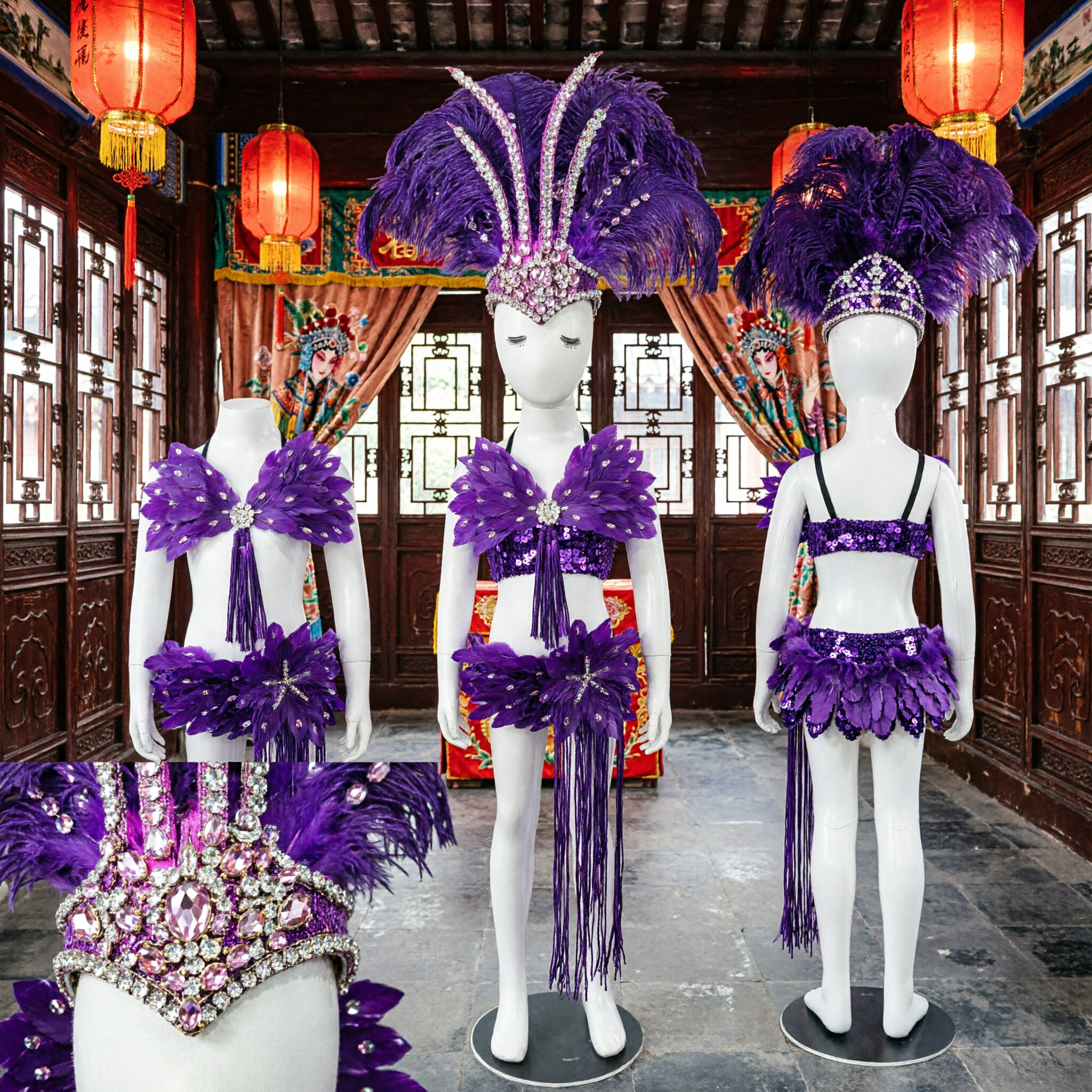 Purple Feather Headdress and Sequin Bikini Set for Samba Carnival Showgirl Stage Performance Dance