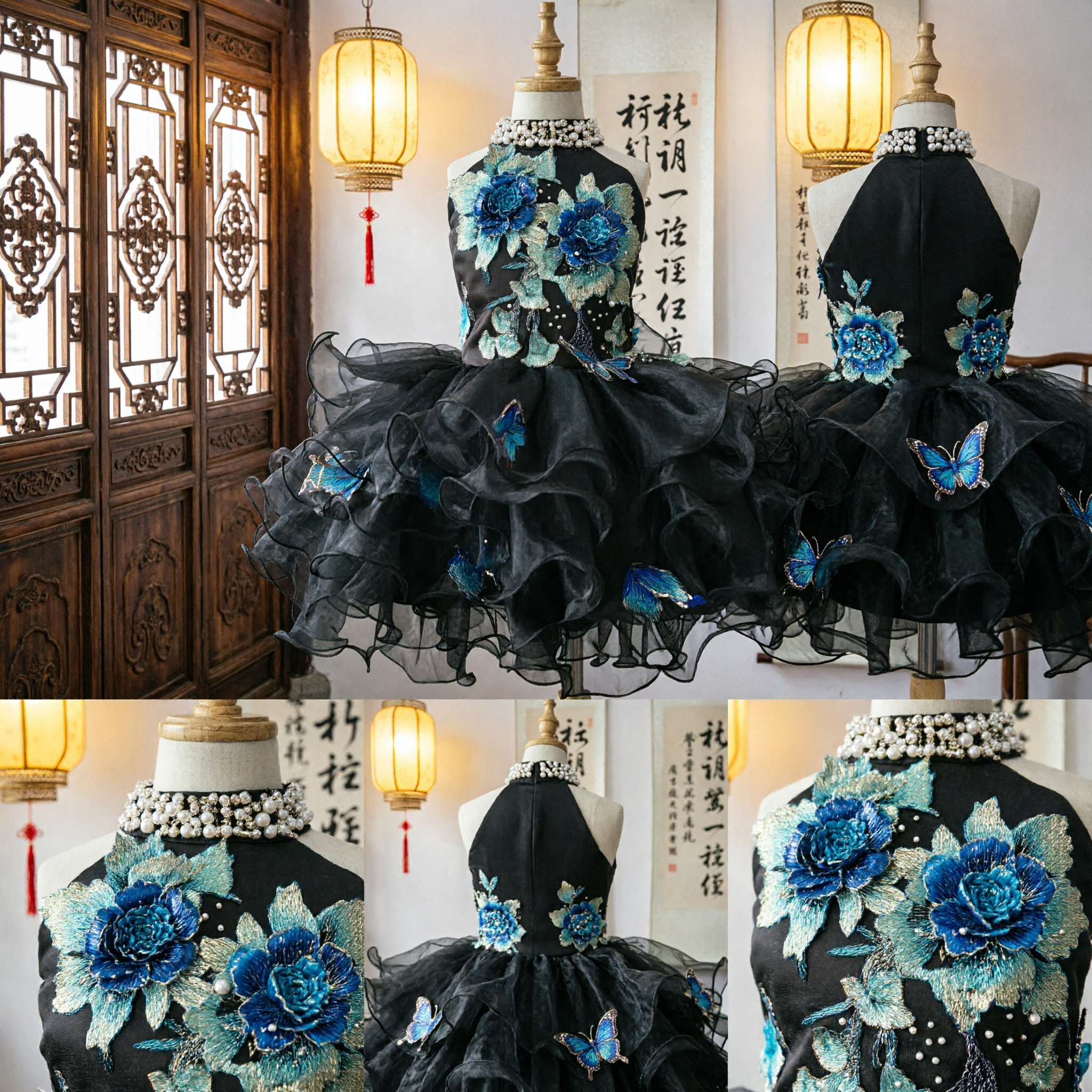 Black Floral Applique Butterfly Tutu Dress for Girls Stage Performance Latin Dance Competition Costume Outfit