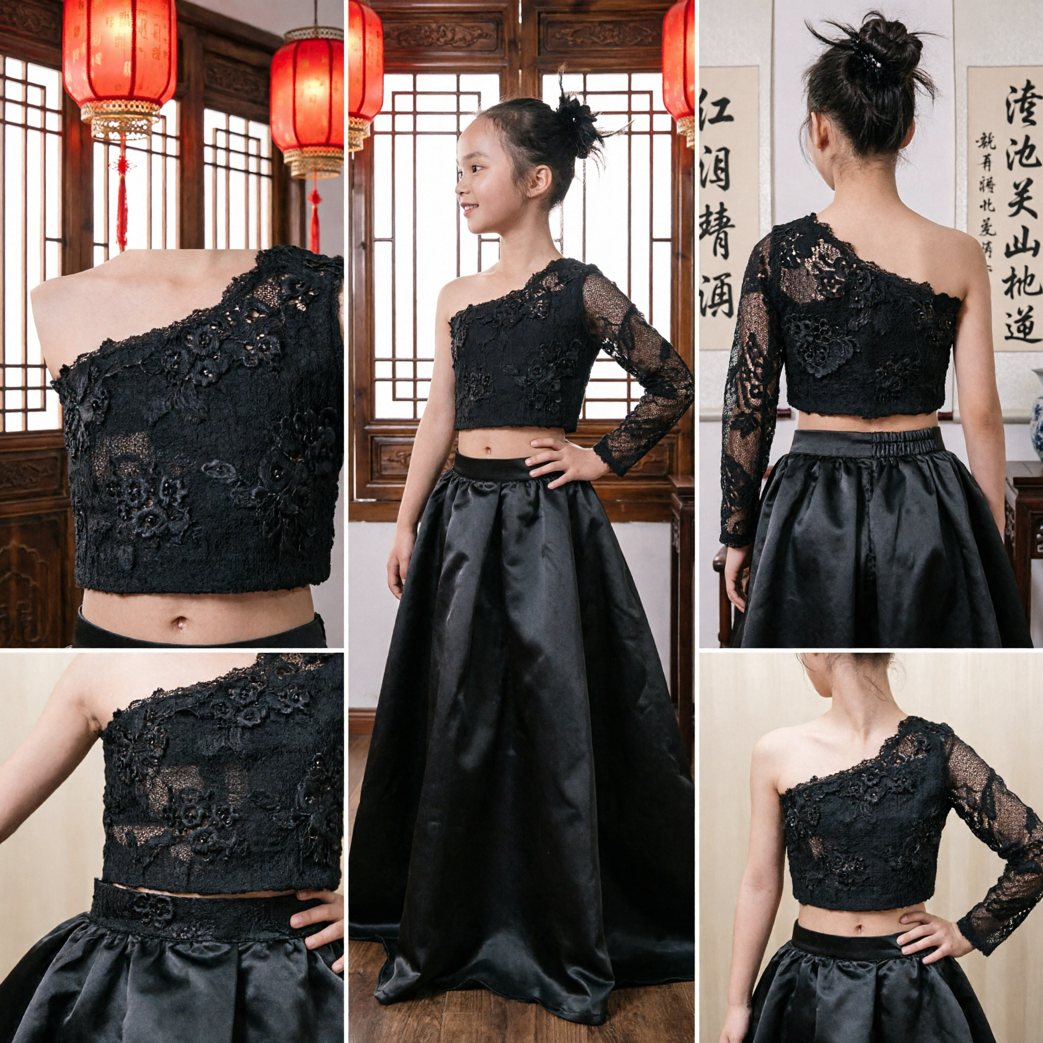 Black One-Shoulder Floral Embroidery Two-Piece Dance Dress for Girls Latin Ballroom Stage Performance Costume