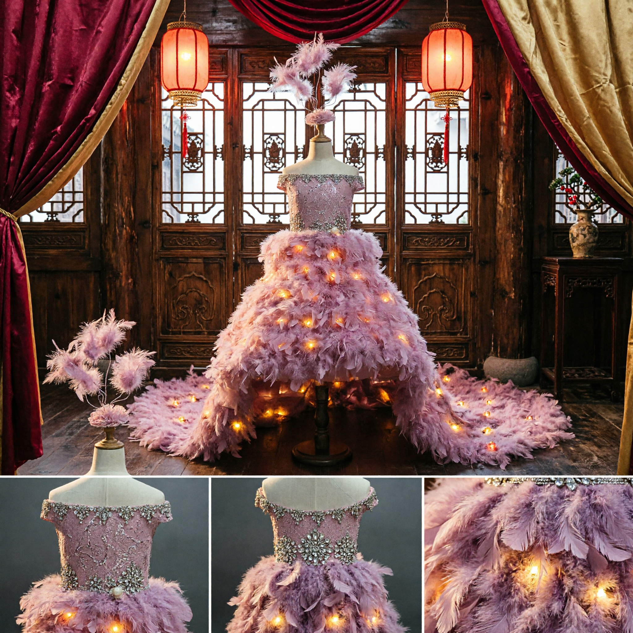 Luxurious Pink Feather LED Light Up Stage Dress Ballgown Performance Costume for Women Singers