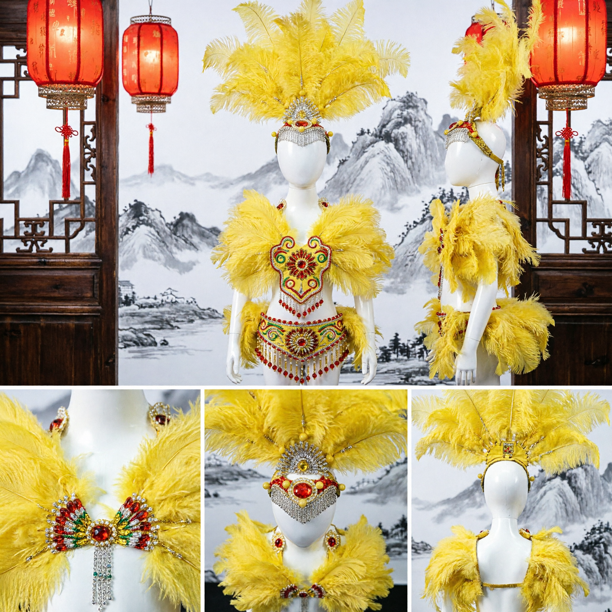 Women's Yellow Feather Samba Carnival Costume Set with Headdress for Stage Dance Performance