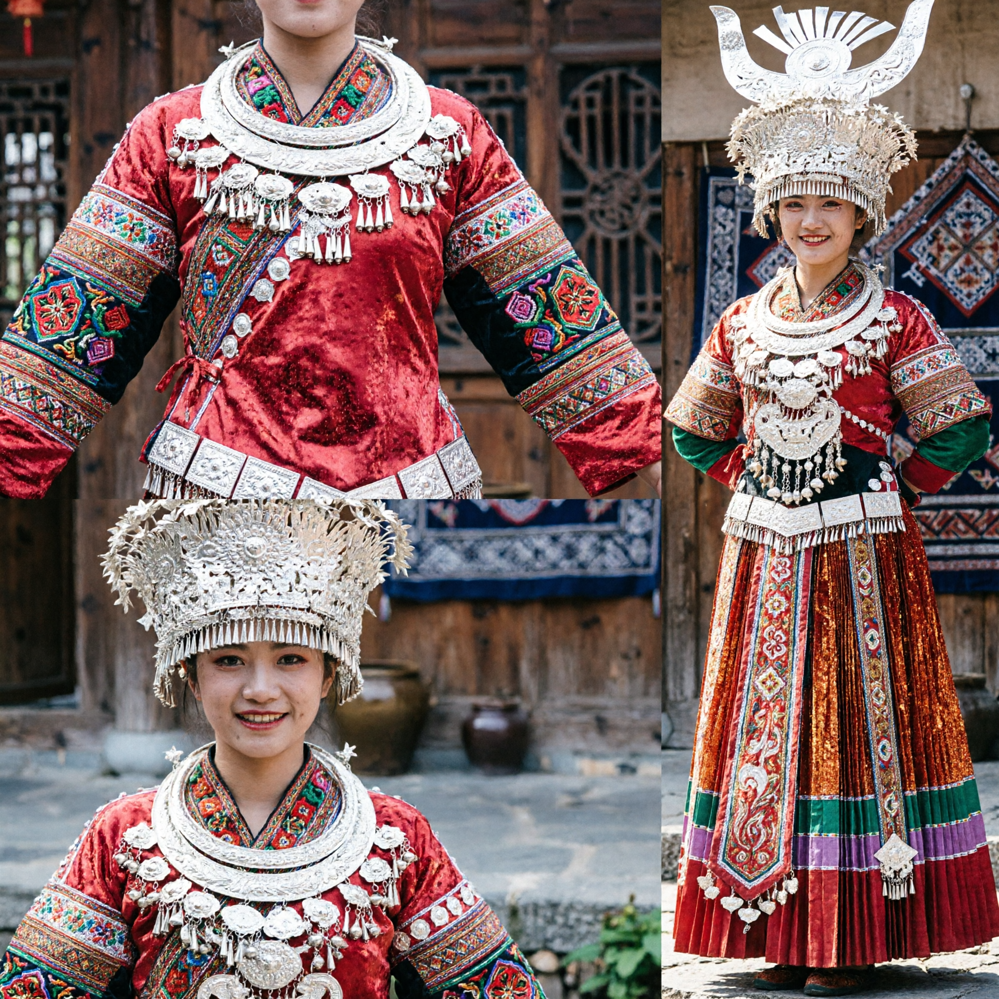 Traditional Chinese Miao Hmong Folk Dance Costume Pink Embroidered Dress with Silver Headdress for Stage Performance
