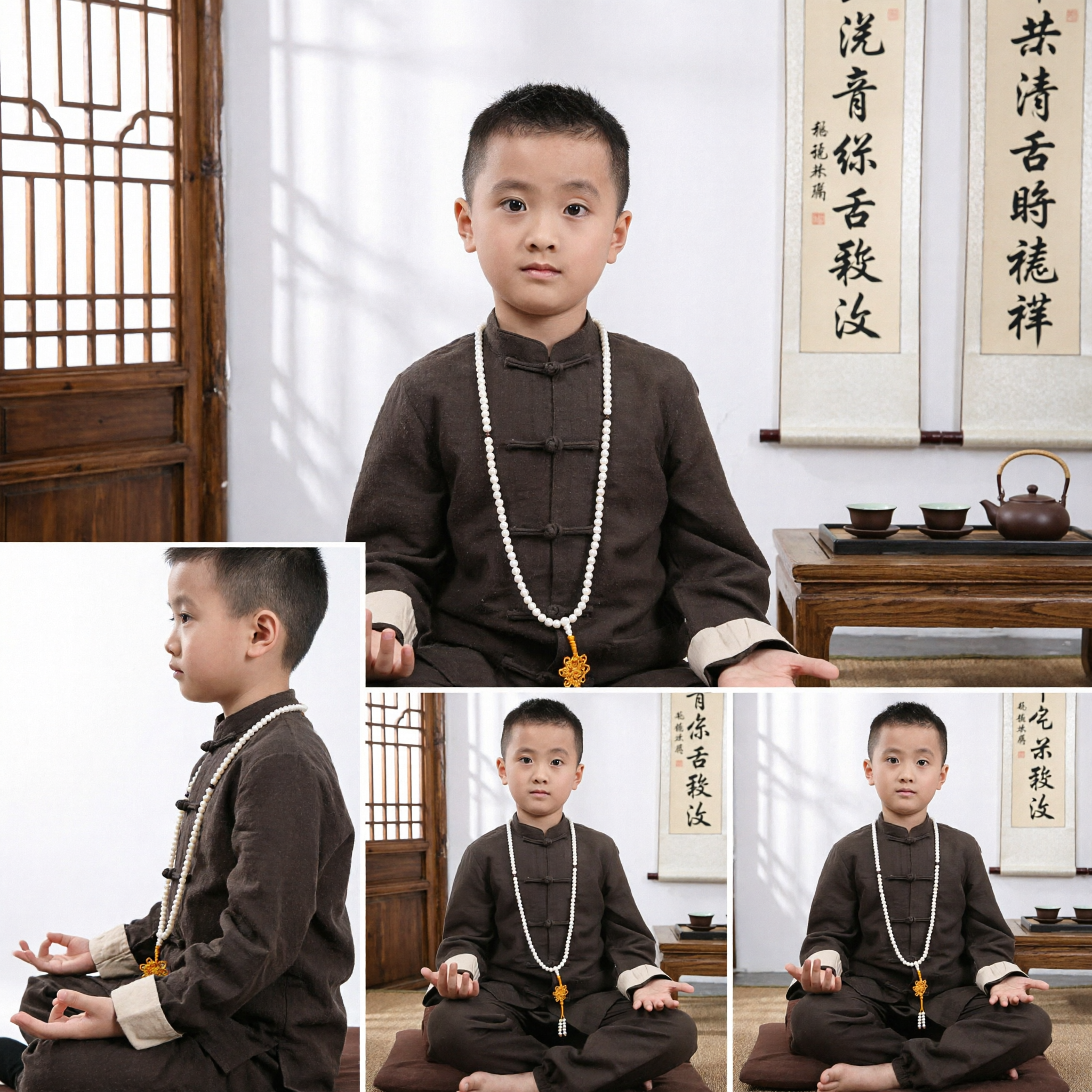 Kids Boys Traditional Chinese Kung Fu Uniform Tang Suit Martial Arts Meditation Costume Brown