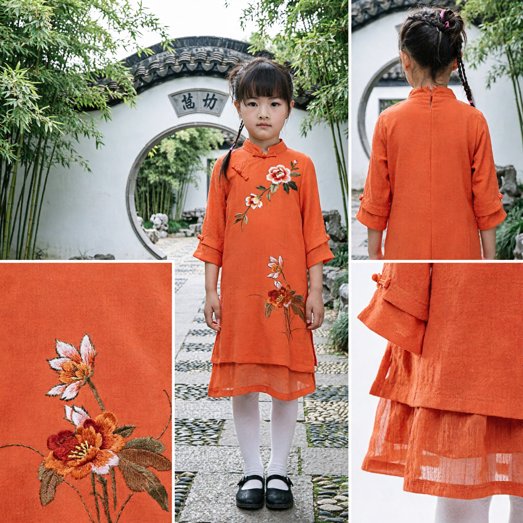 Kids Girls Traditional Chinese Cheongsam Dress Orange Floral Embroidery Summer Hanfu Costume for Dance