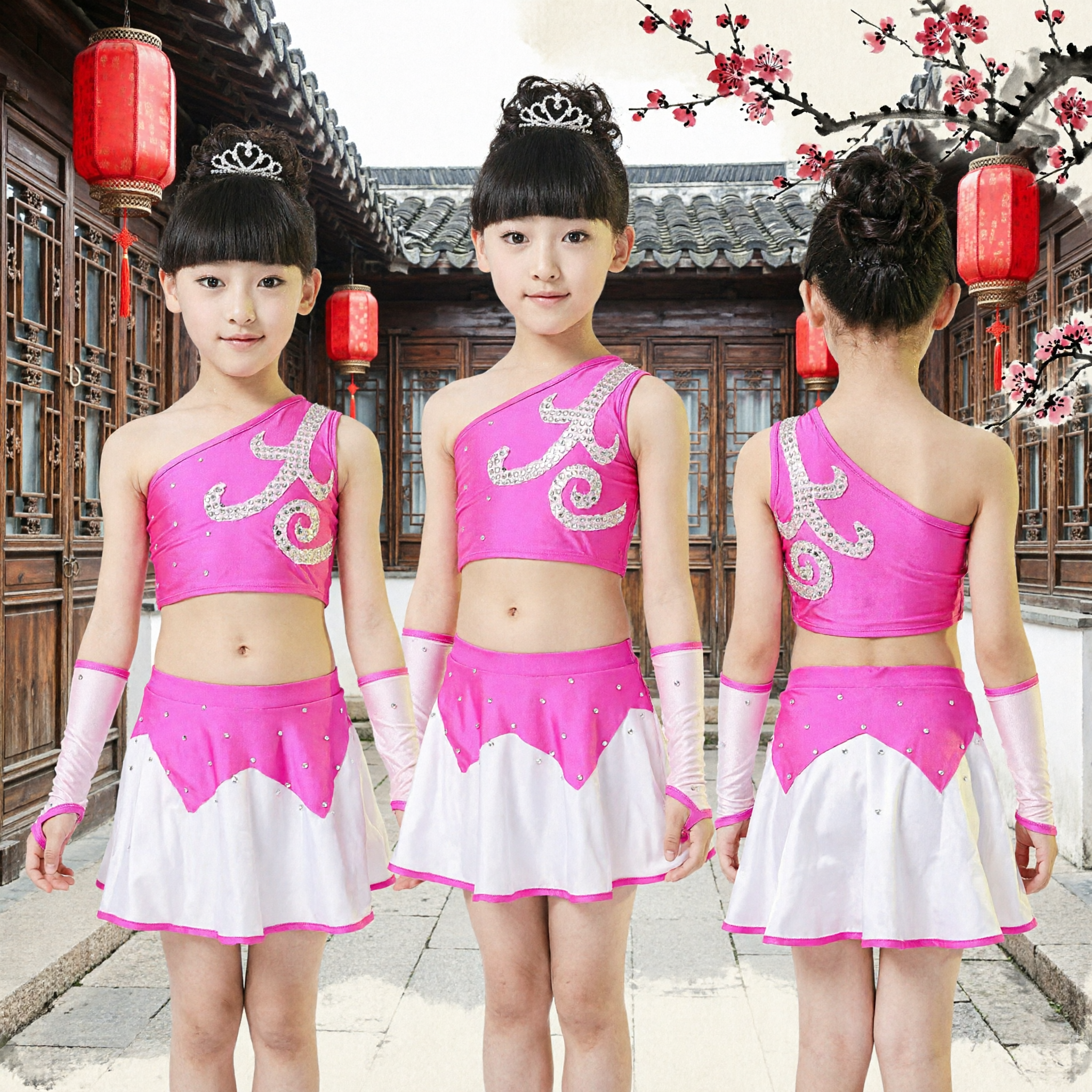 Girls Pink Latin Dance Costume One Shoulder Rhinestone Ballroom Dress Kids Stage Performance Outfit