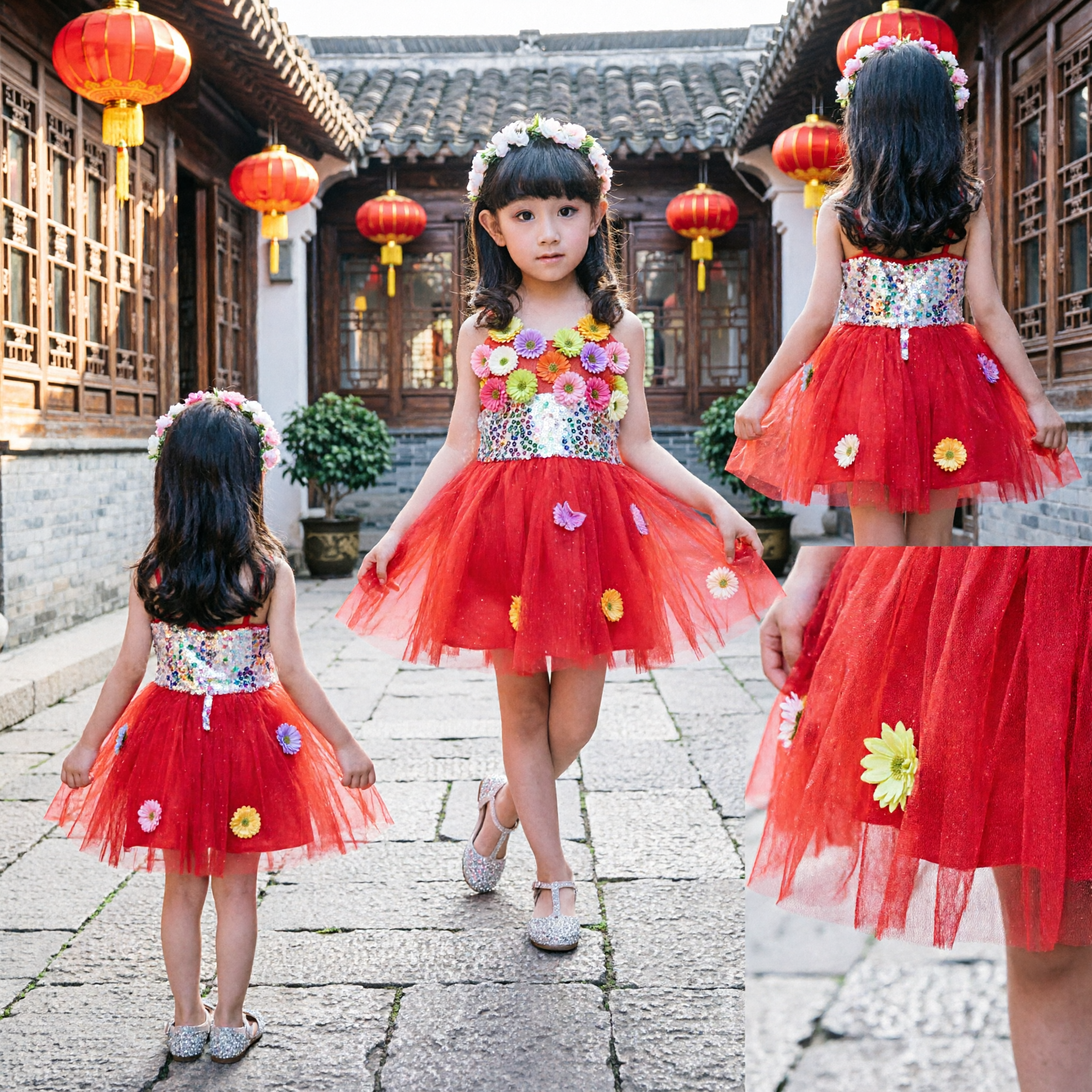 Girls Floral Sequin Tutu Dress Red Tulle Skirt Kids Stage Performance Party Costume