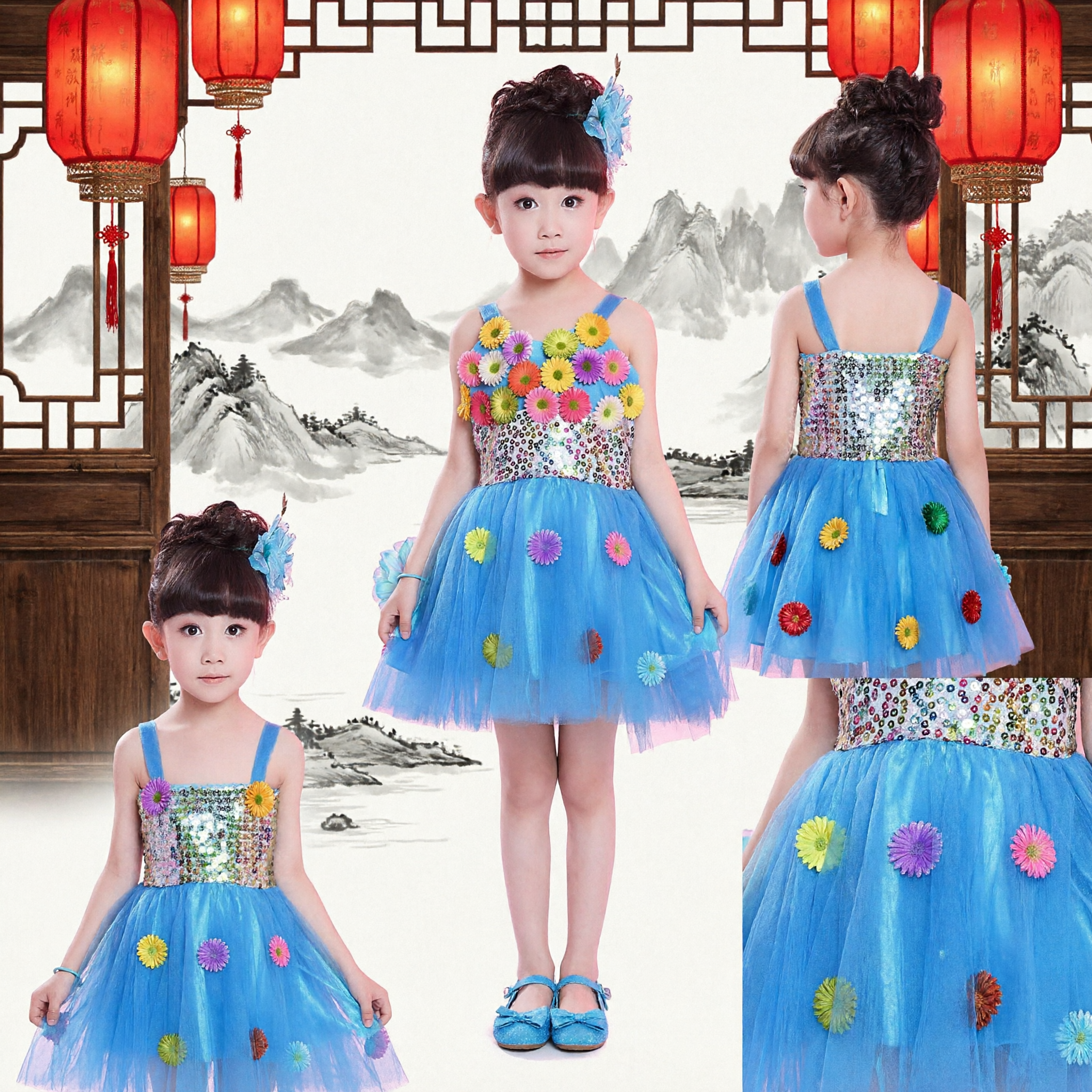 Girls Blue Colorful Flower Sequin Tutu Dress Kids Stage Dance Performance Costume