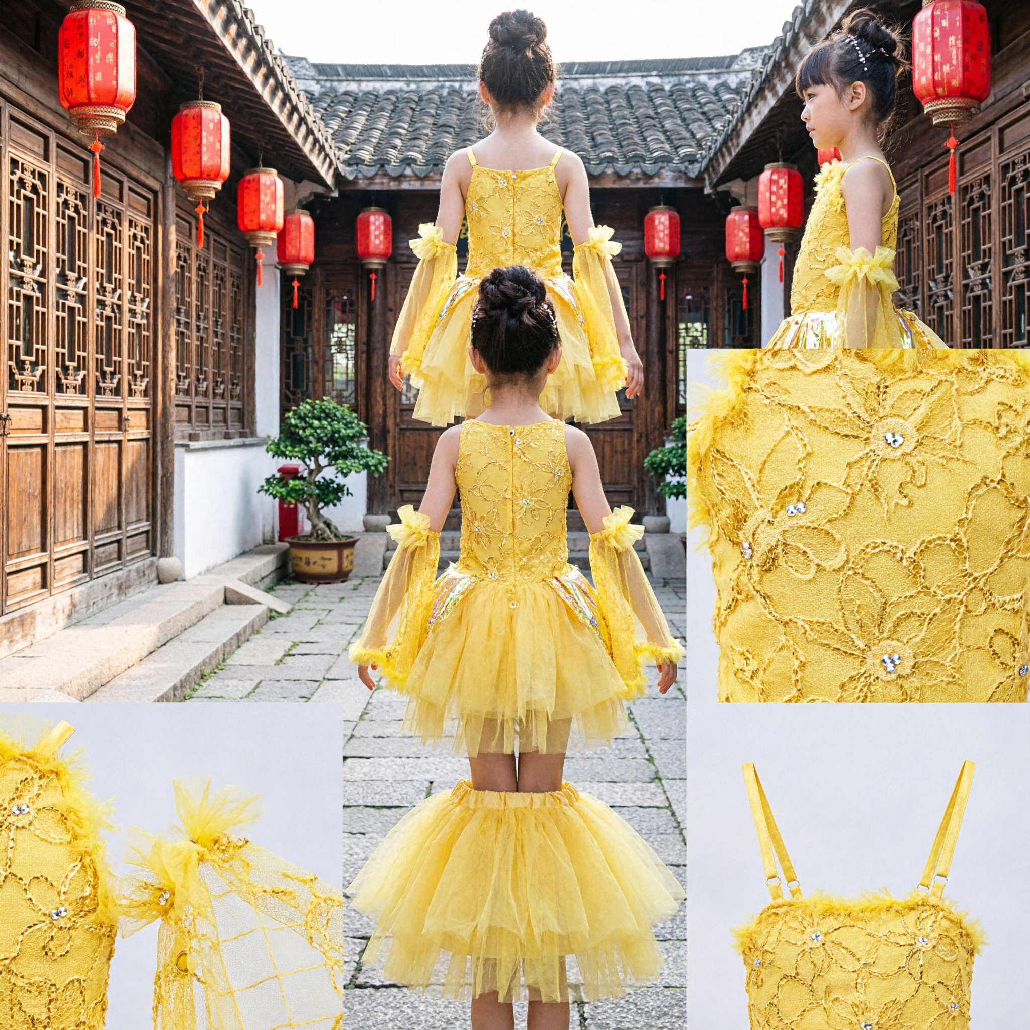 Yellow Butterfly Dance Costume for Girls Kids Fairy Wing Dress Stage Performance Outfit