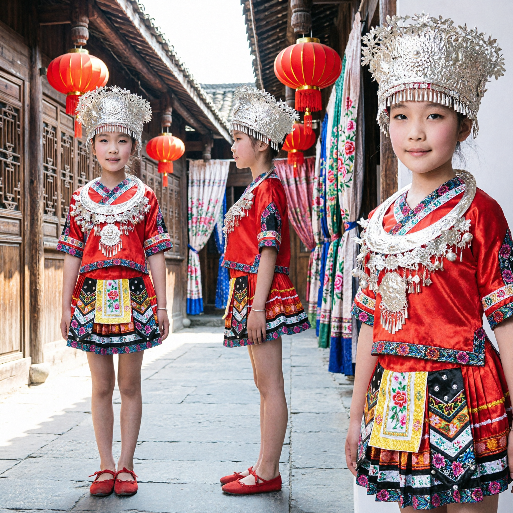Traditional Chinese Miao Ethnic Costume for Girls Hmong Folk Dance Stage Performance Dress with Silver Headdress