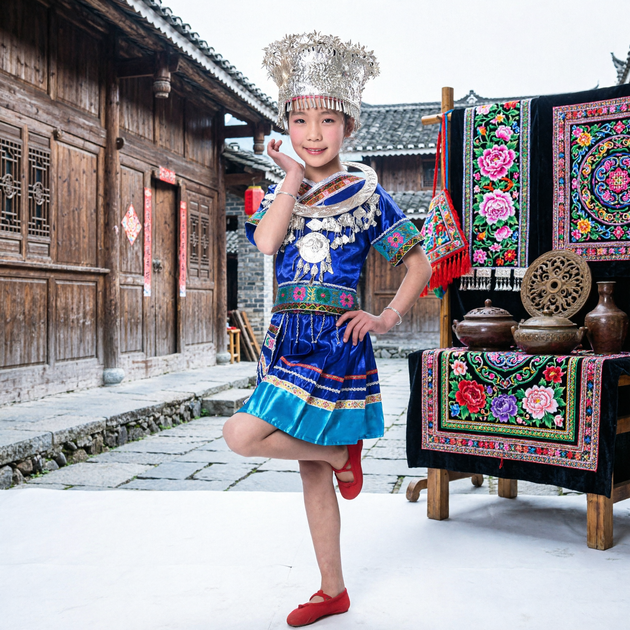 Traditional Chinese Miao Ethnic Minority Dance Costume for Kids Girls Blue Dress with Silver Headdress