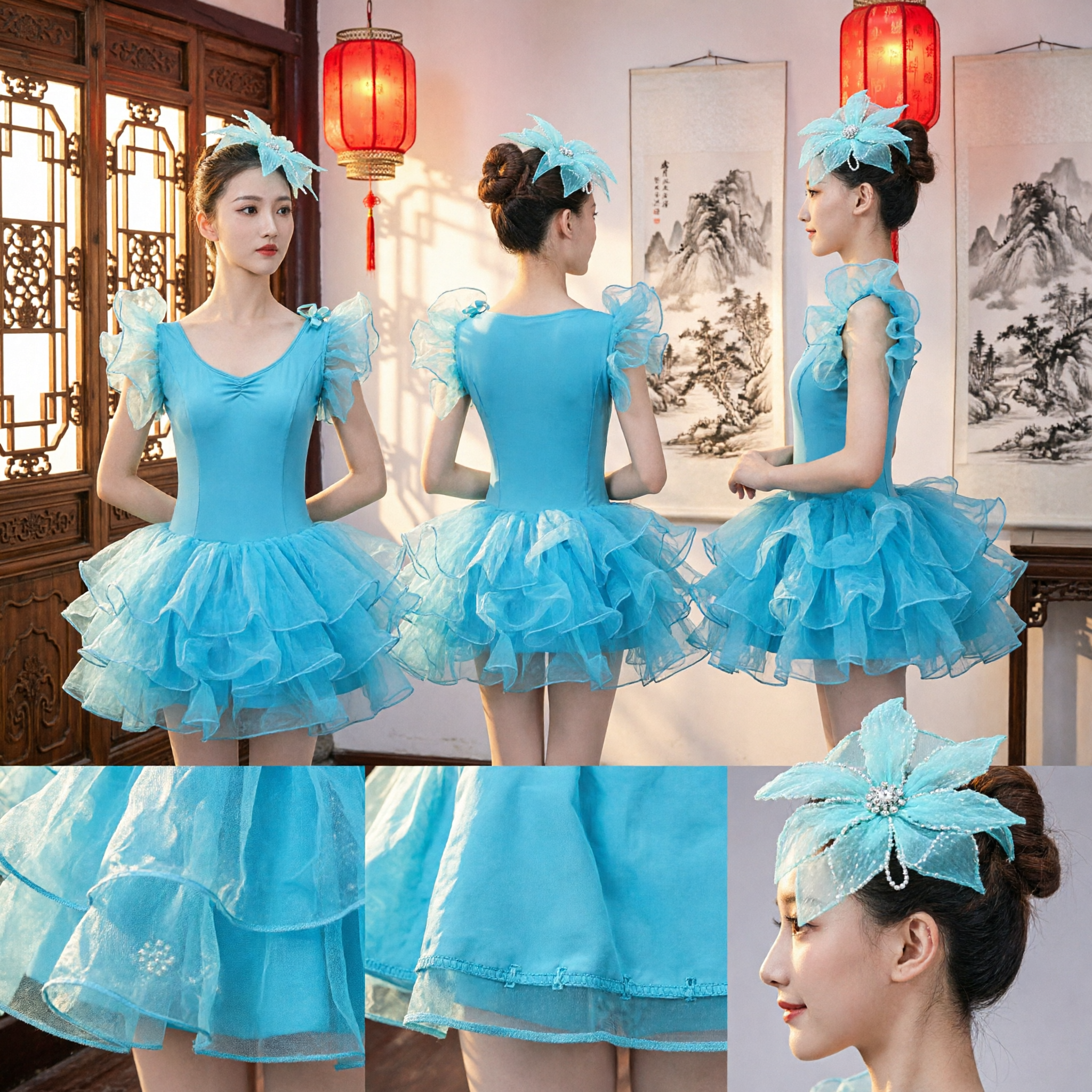 Light Blue Ruffled Ballet Tutu Dress with Flower Headpiece for Women Lyrical Dance Performance Stage Costume