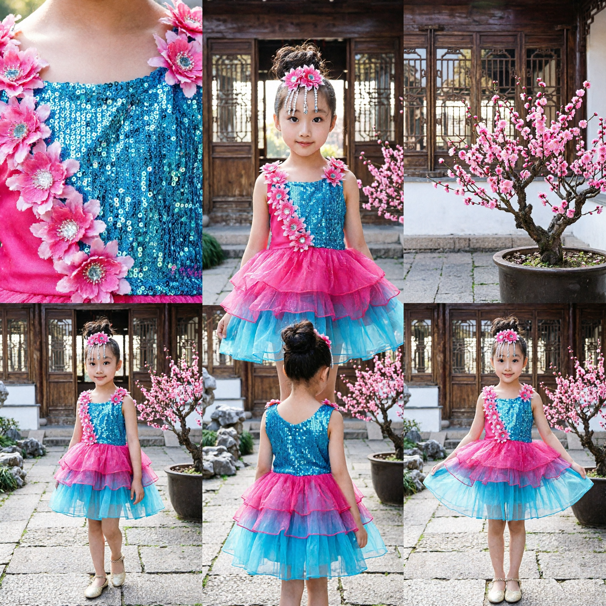 Girls Latin Dance Costume Blue Pink Sequin Tutu Dress Kids Stage Performance Outfit with Flower Headpiece