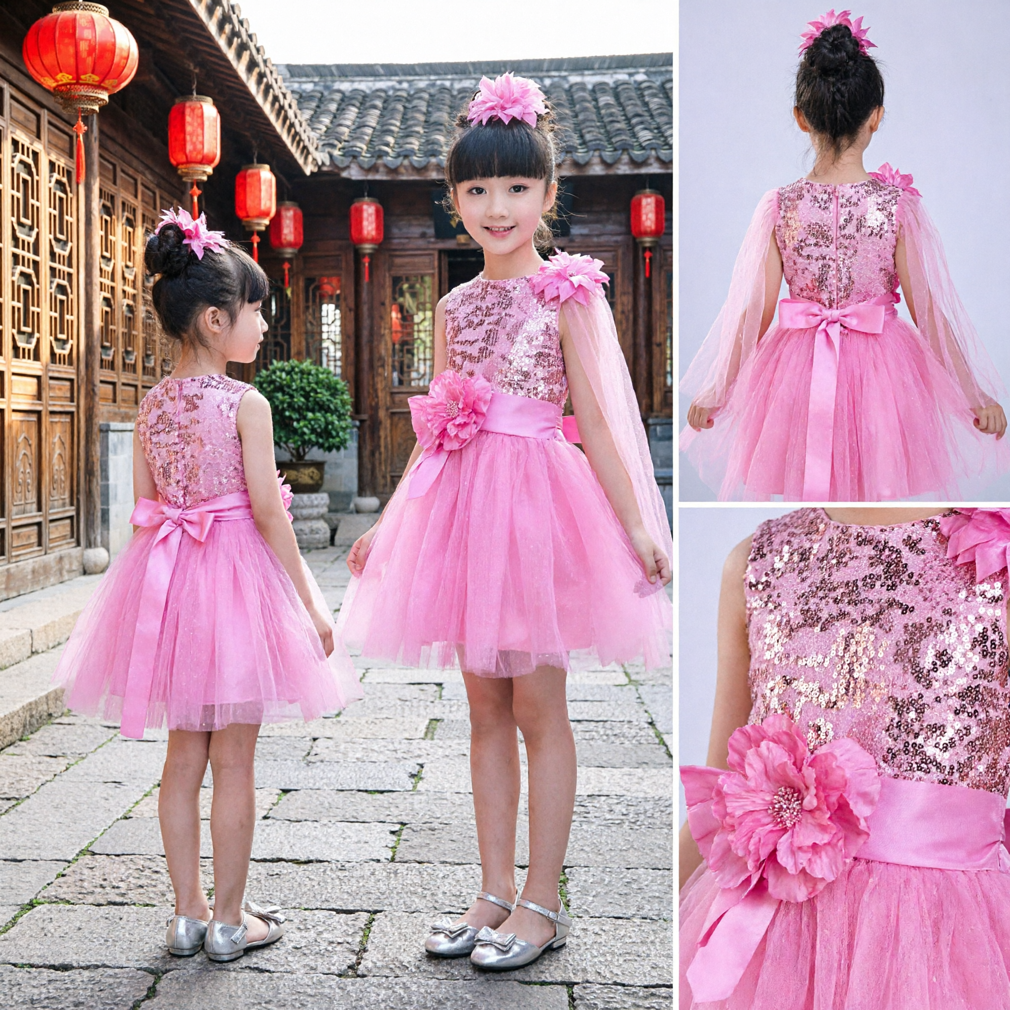 Girls Pink Sequin and Tulle Performance Dress with Flower Accents for Stage Hosting and Dance Recital