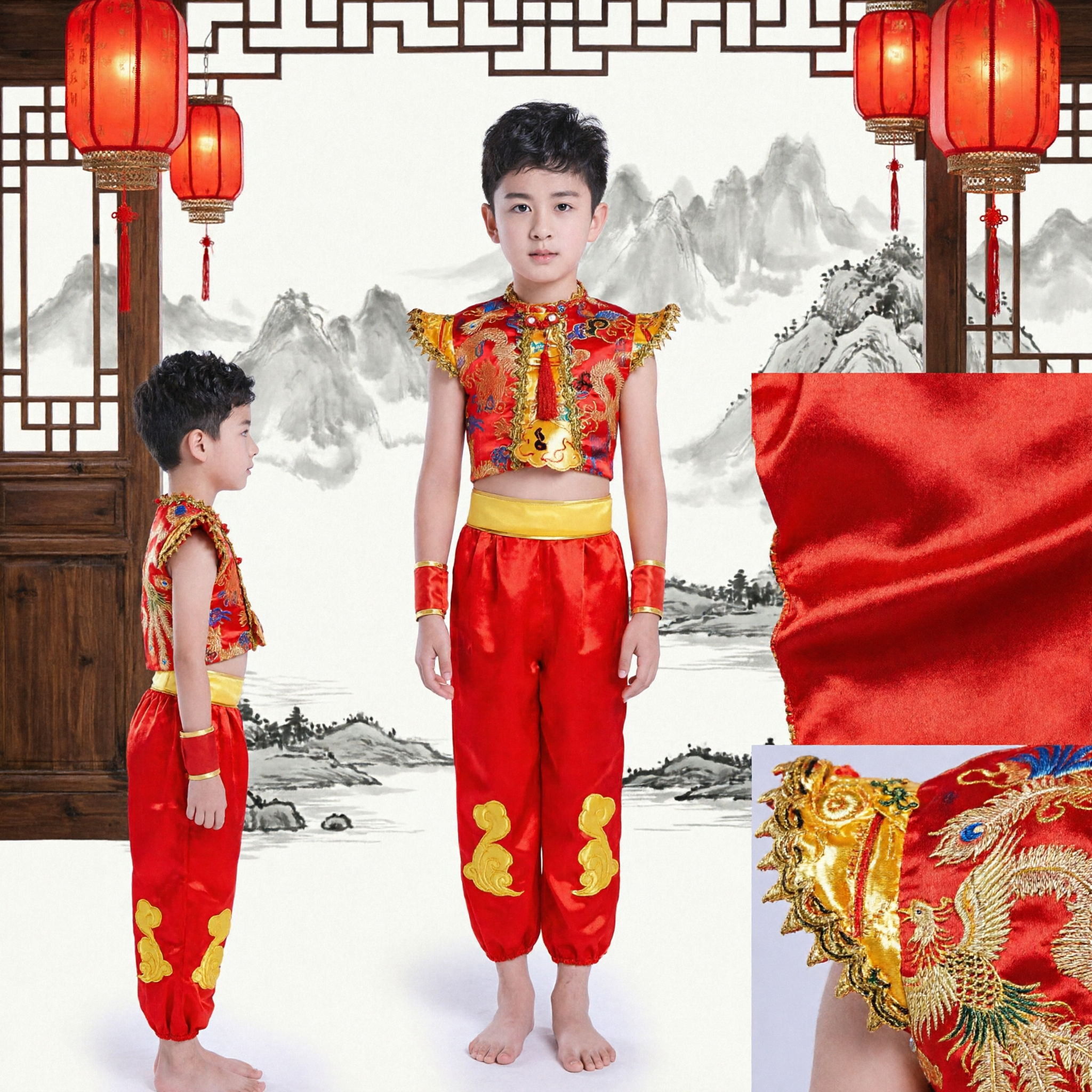 Boys Traditional Chinese Red Dragon Embroidered Kung Fu Costume for Folk Dance and Martial Arts Performance