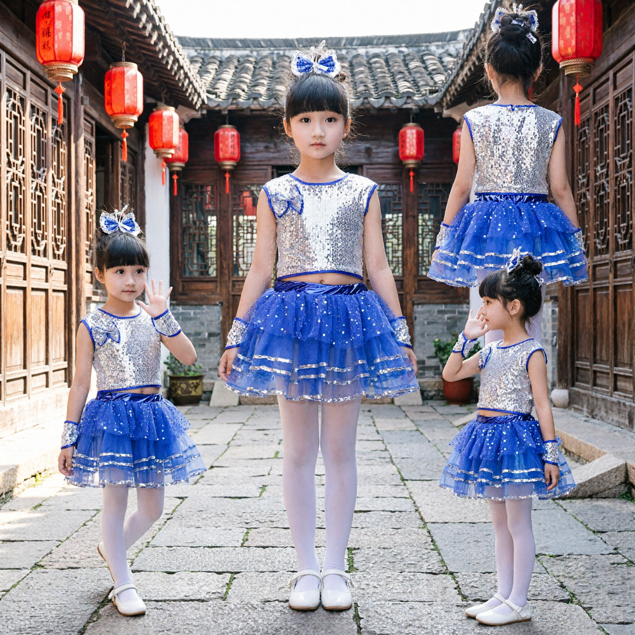 Girls Blue Silver Sequin Jazz Dance Costume Performance Outfit with Tutu Skirt for Stage Shows and Competitions