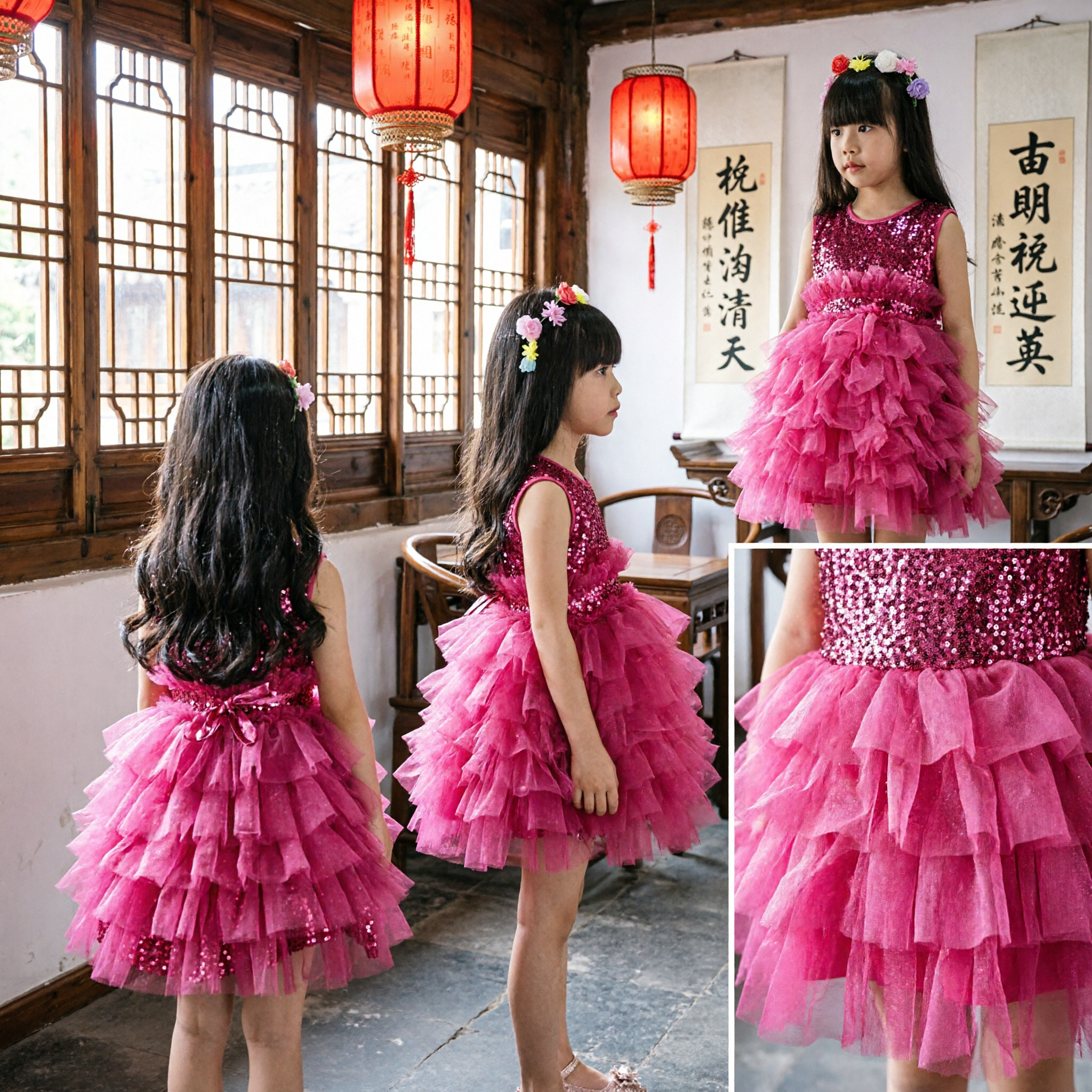 Girls Pink Sequin Tutu Dress Sleeveless Party Performance Costume for Kids Toddlers Flower Girl Pageant Gown