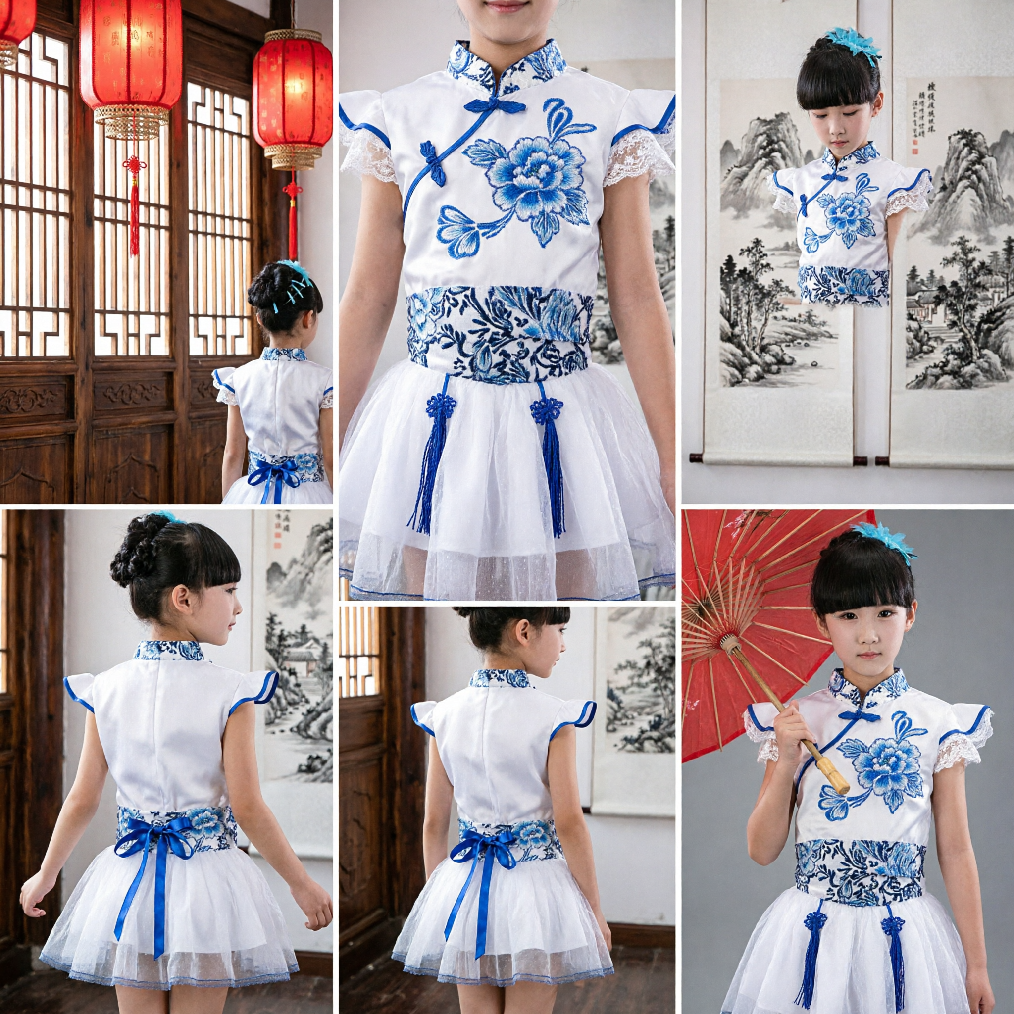 Traditional Chinese Blue and White Porcelain Cheongsam Dress for Girls Kids Folk Dance Stage Performance Costume with Umbrella