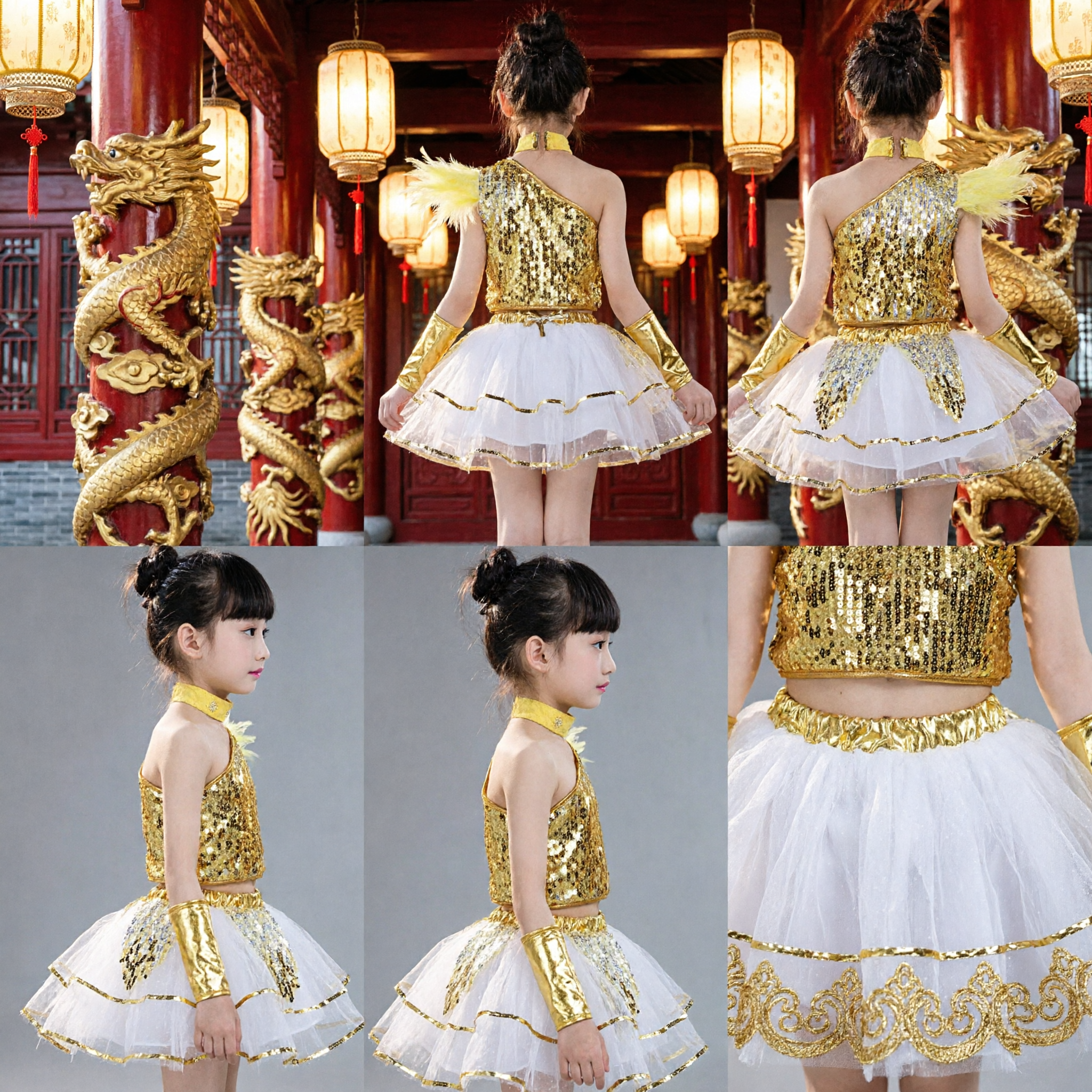 Girls Gold Sequin Latin Dance Costume One Shoulder Tutu Dress Kids Jazz Stage Performance Outfit