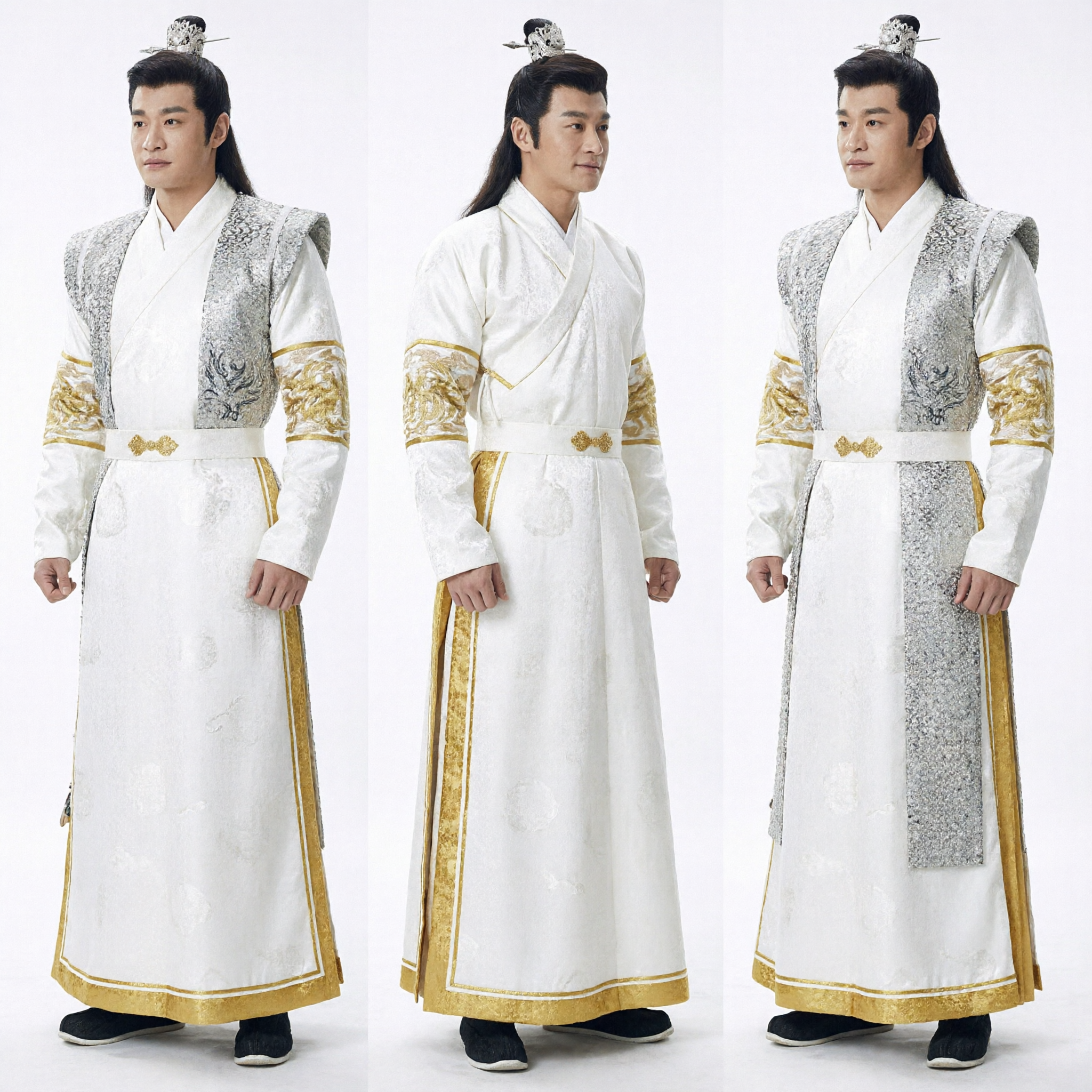 Men's Traditional Chinese Hanfu Costume White Silver Ancient Prince Robe for Historical Drama Cosplay