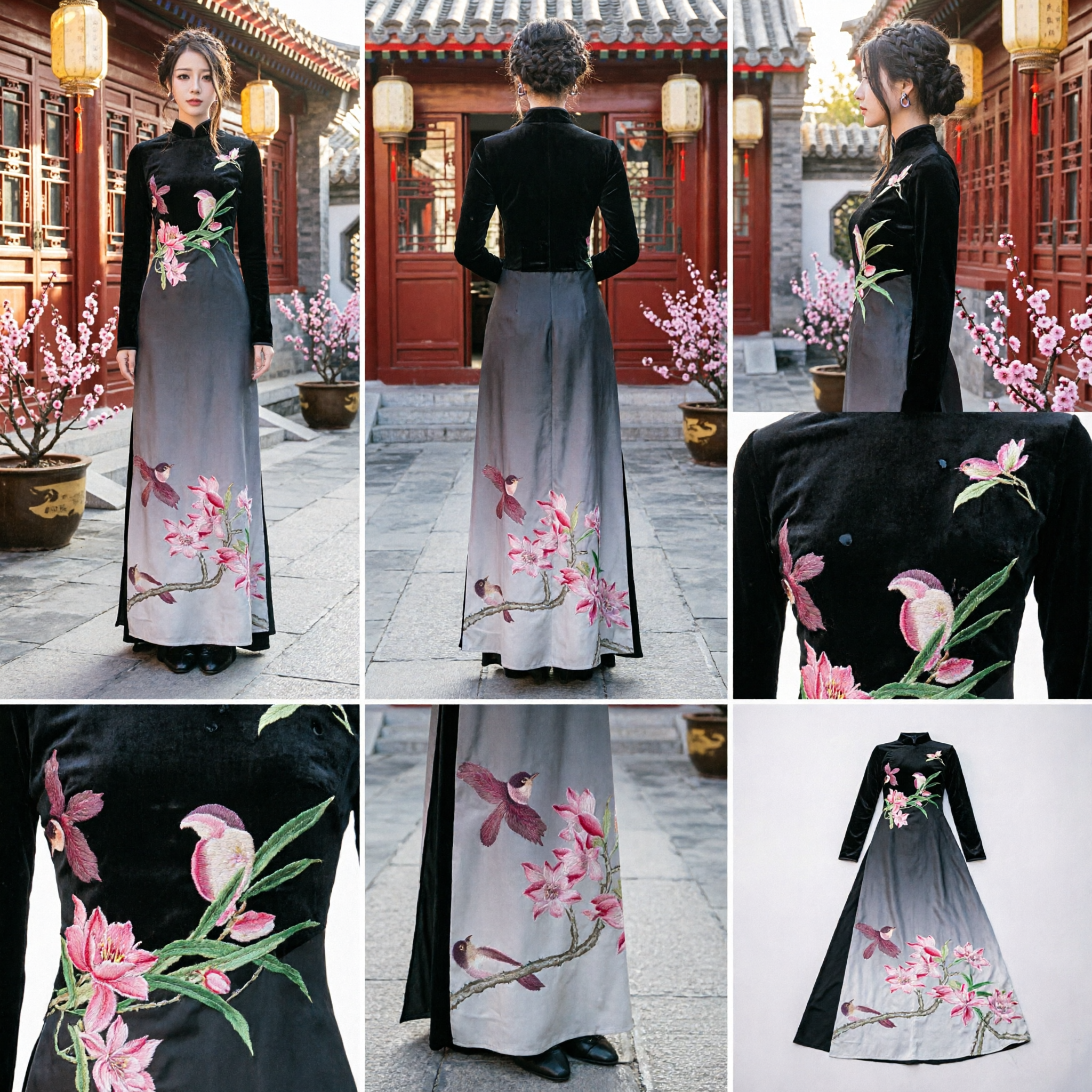 Elegant Black Gradient Vietnamese Ao Dai Dress with Lotus Flower Print Traditional Formal Wear for Women