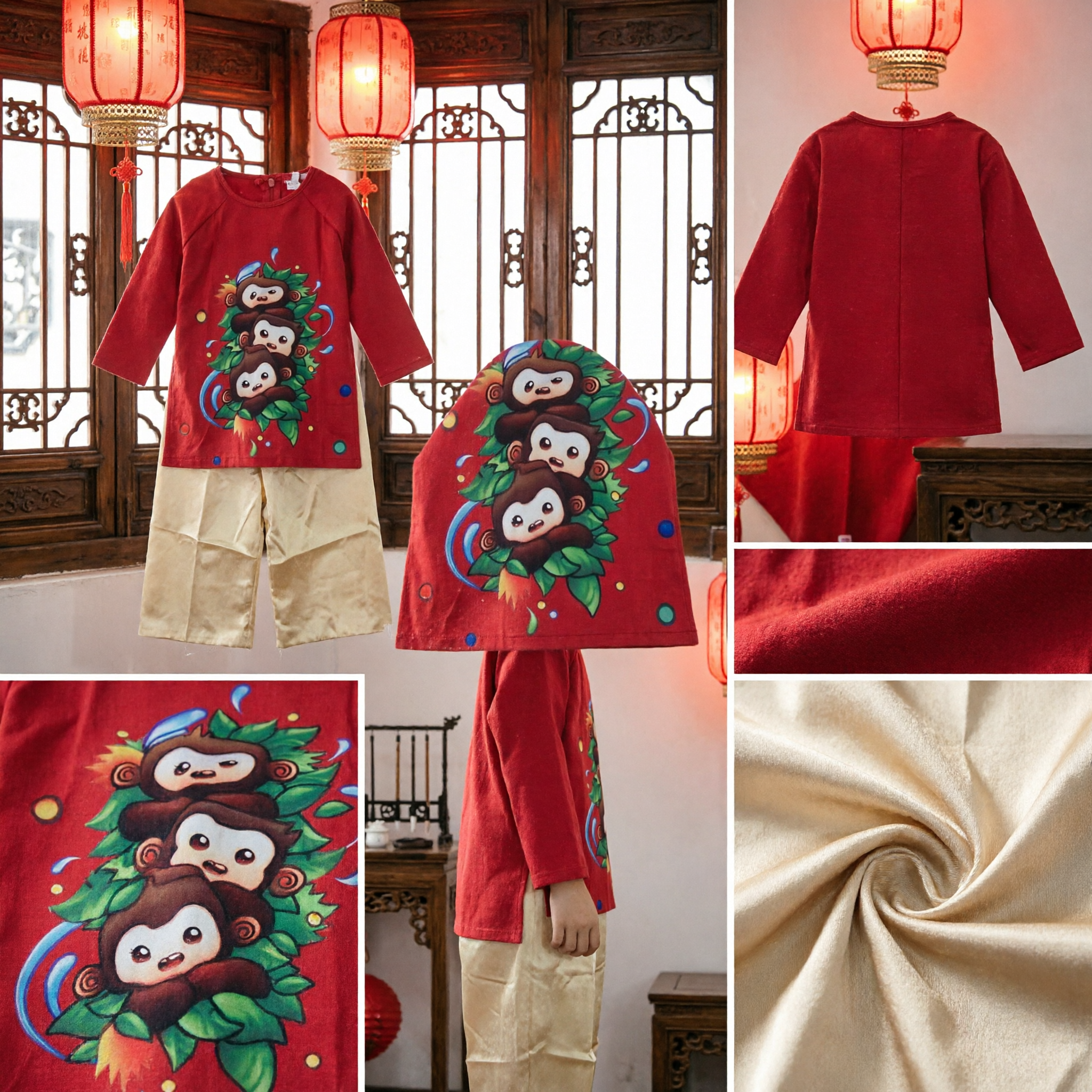 Kids Red Traditional Chinese New Year Costume Year of the Monkey Tang Suit Top and Pants Outfit