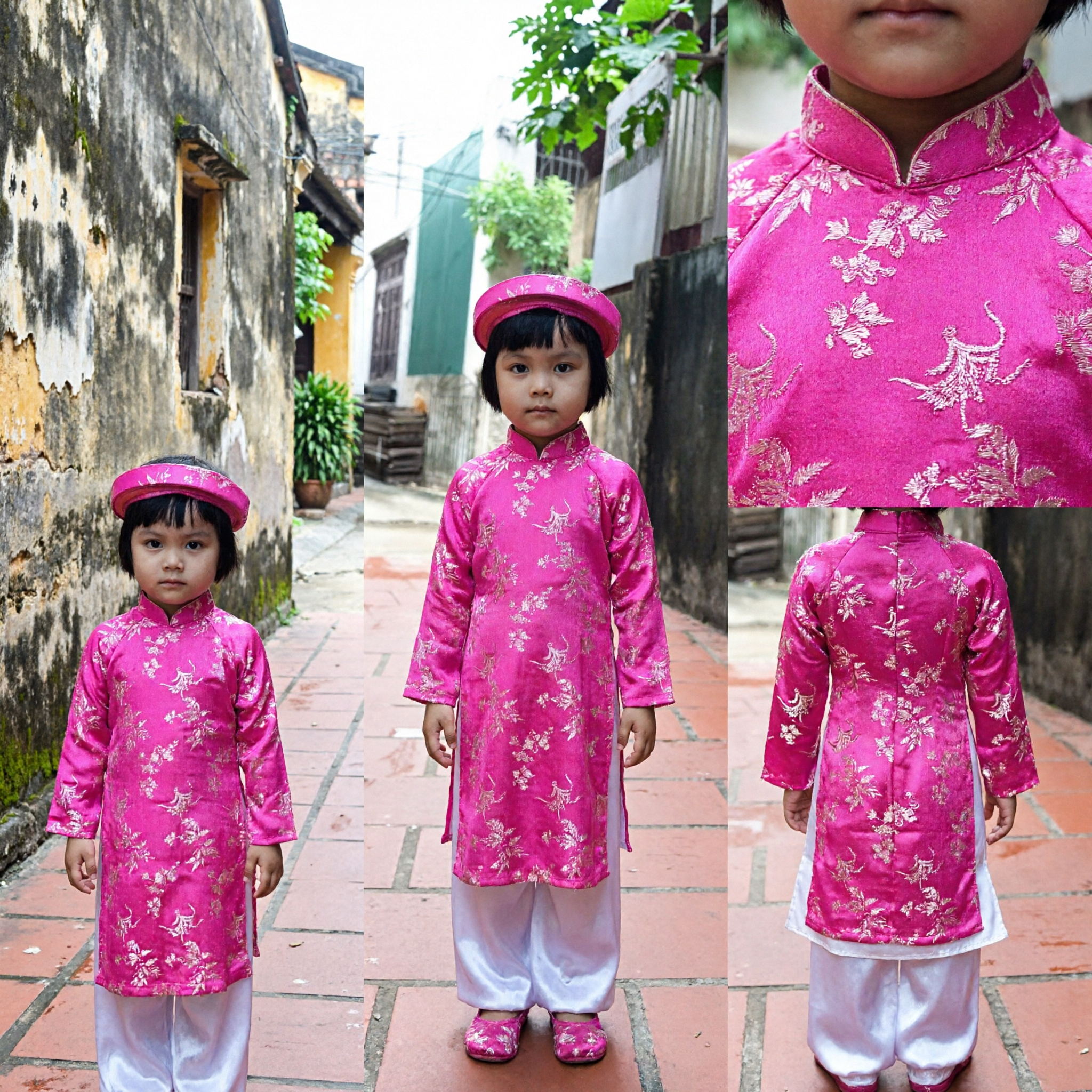 Kids Vietnamese Ao Dai Traditional Costume Pink Silk Tunic Pants and Headpiece for Tet Festival