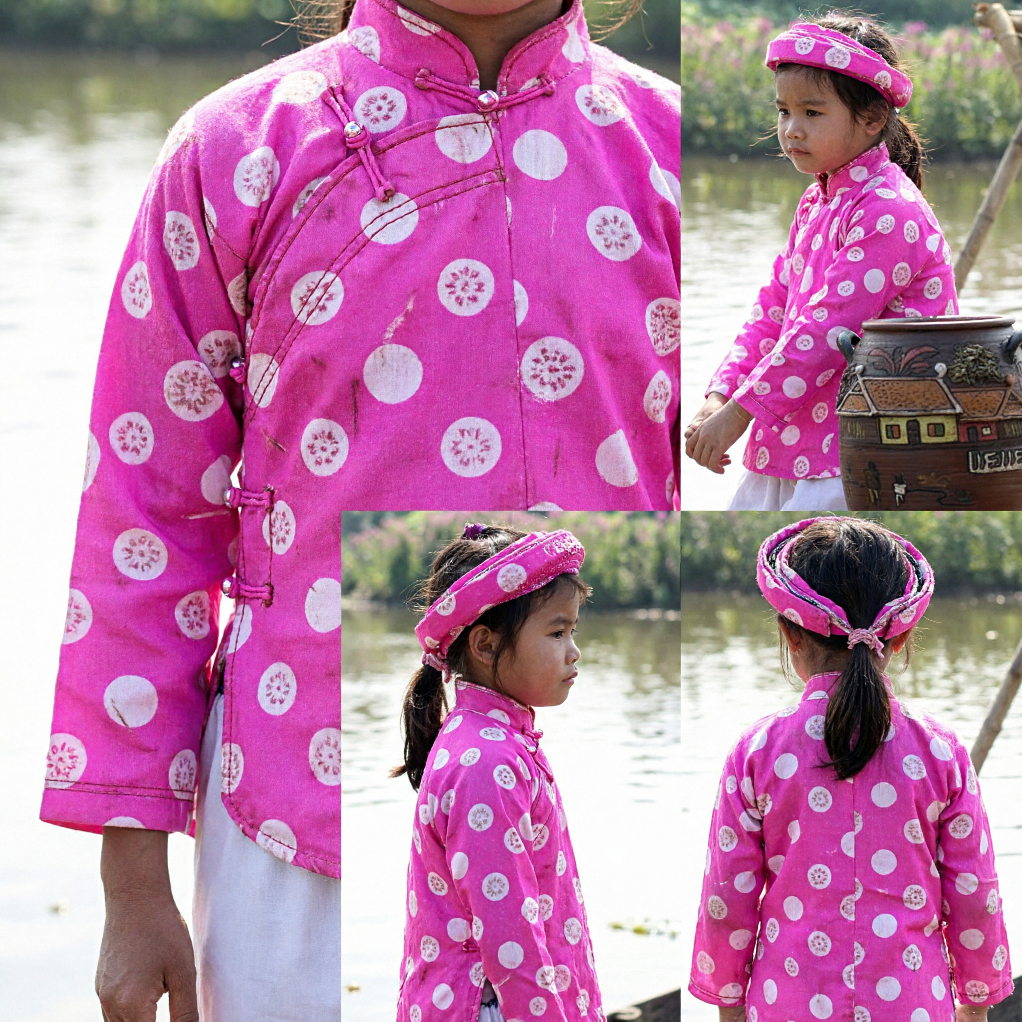 Traditional Vietnamese Ao Dai Pink Silk Dress for Girls Kids Costume for Tet Festival Performance