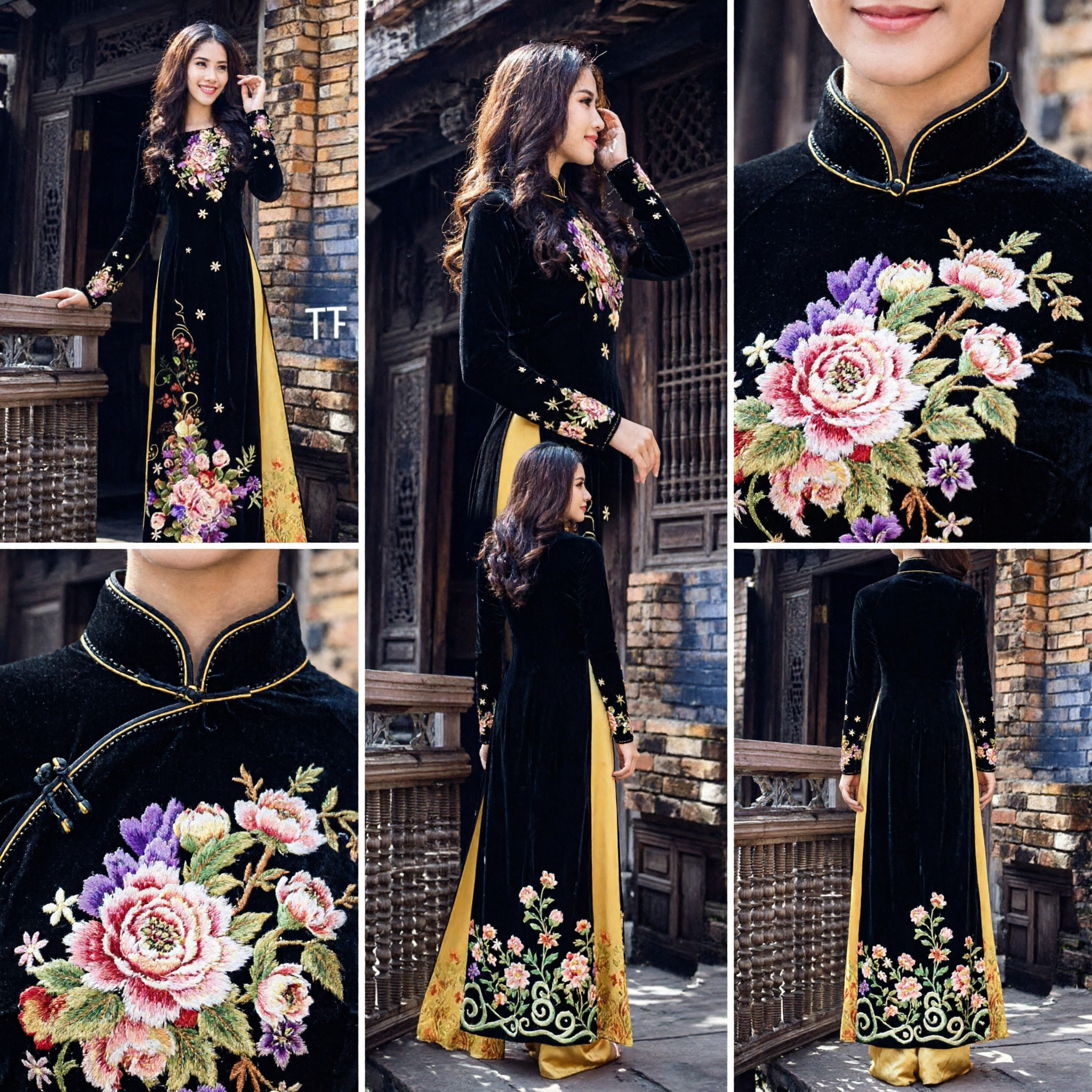 Elegant Black Vietnamese Ao Dai Traditional Dress with Floral Embroidery and Yellow Accents for Women Formal Occasions