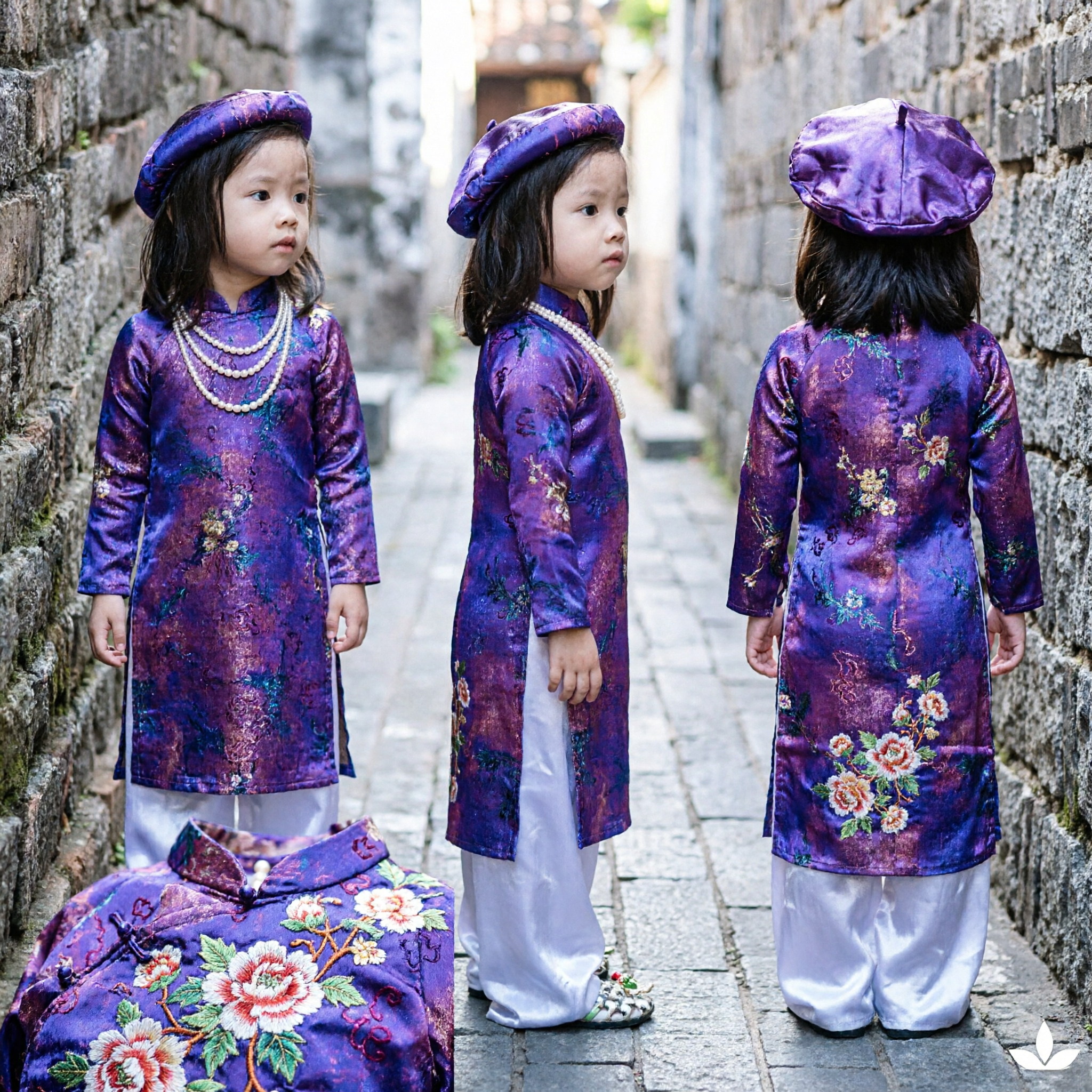 Purple Traditional Vietnamese Ao Dai Dress for Kids Girls Silk Costume for Tet Festival Performance