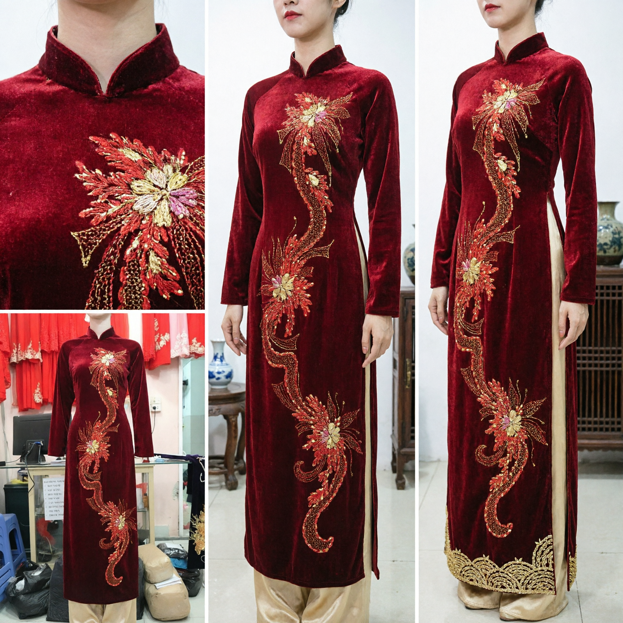 Women's Traditional Red Velvet Long Dress with Intricate Floral Embroidery for Wedding and Parties