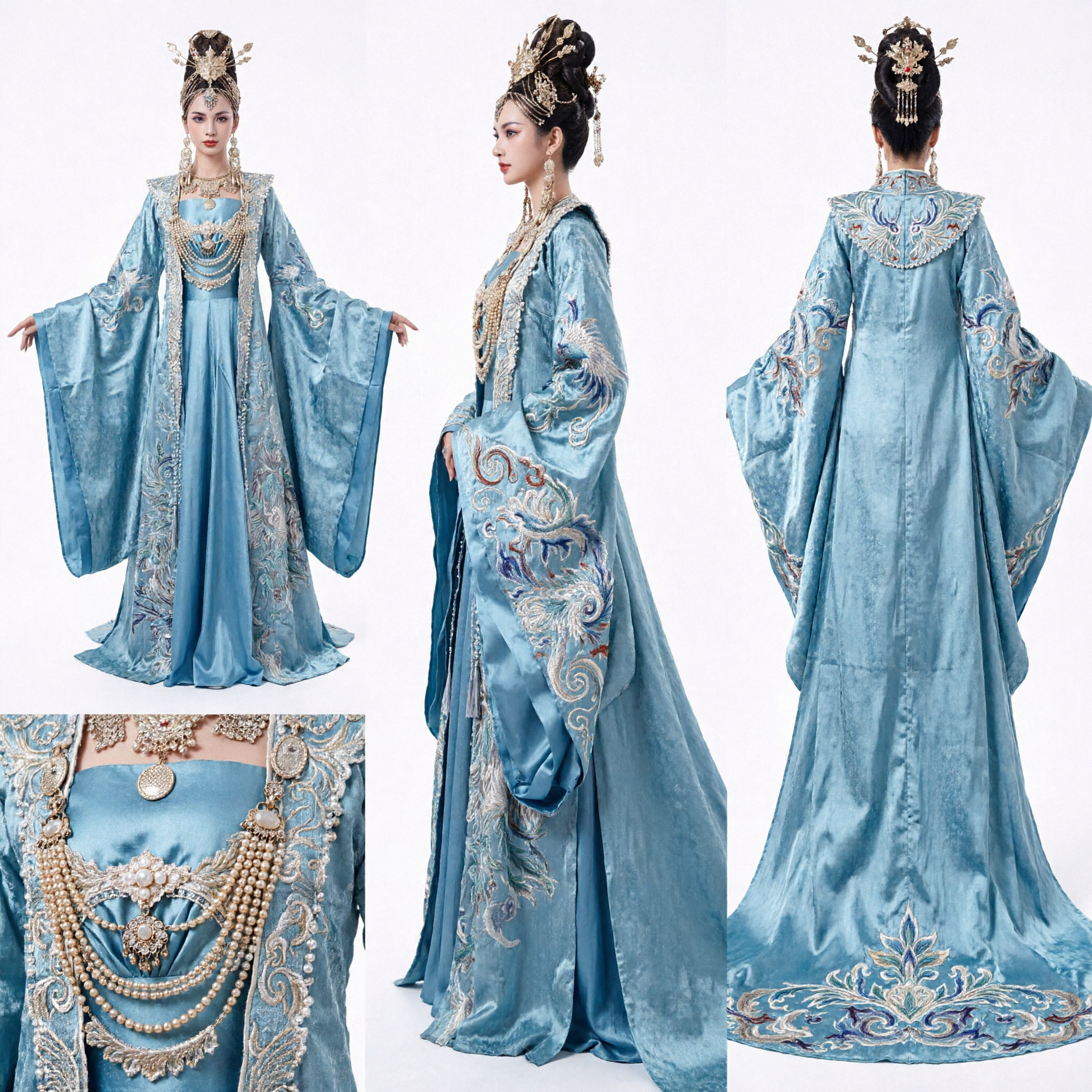 Elegant Ice Blue Ancient Chinese Empress Hanfu Dress with Crown Xianxia Fantasy Costume for Women