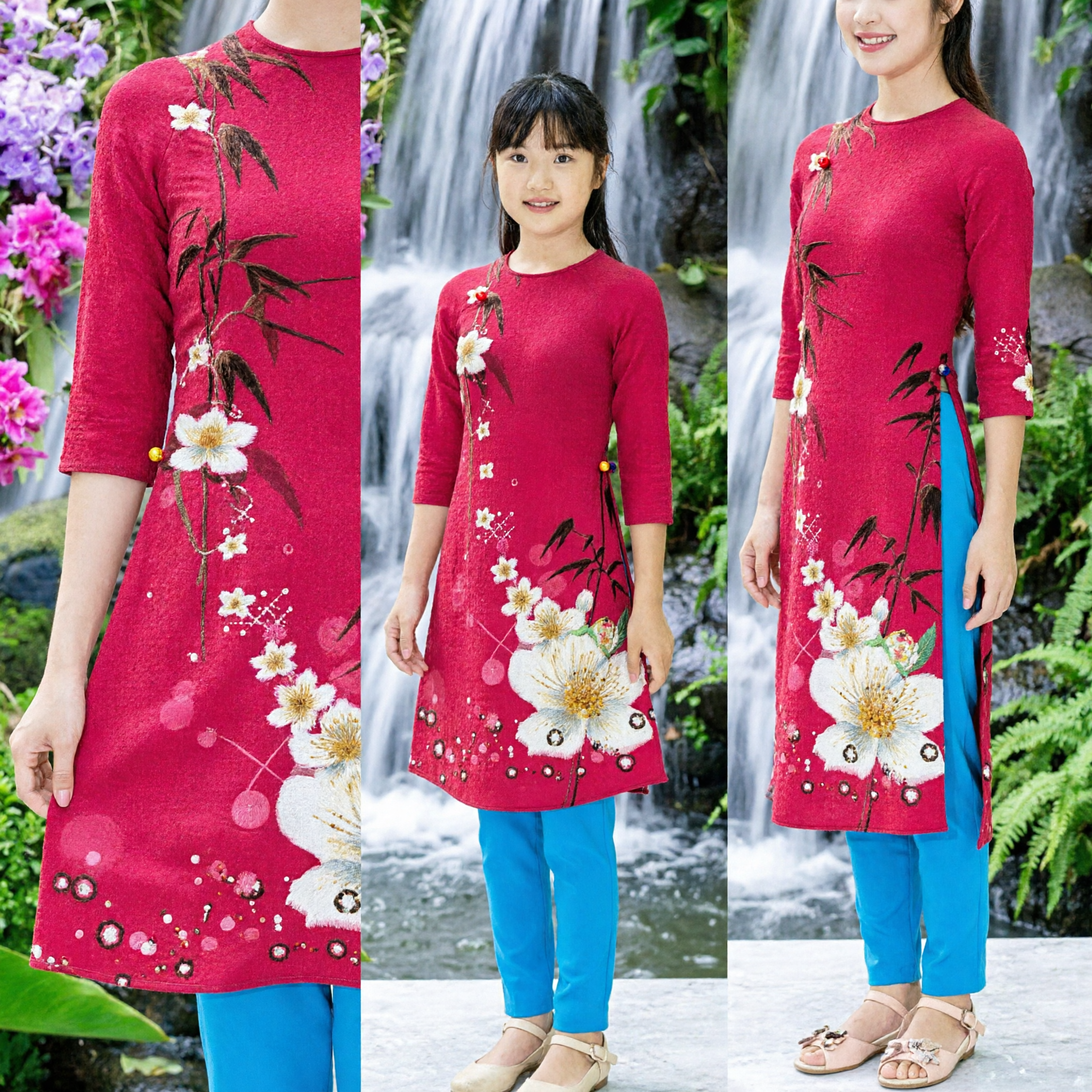 Traditional Vietnamese Ao Dai Mother Daughter Matching Outfits Pink Floral Long Sleeve Dress Set for Tet Festival