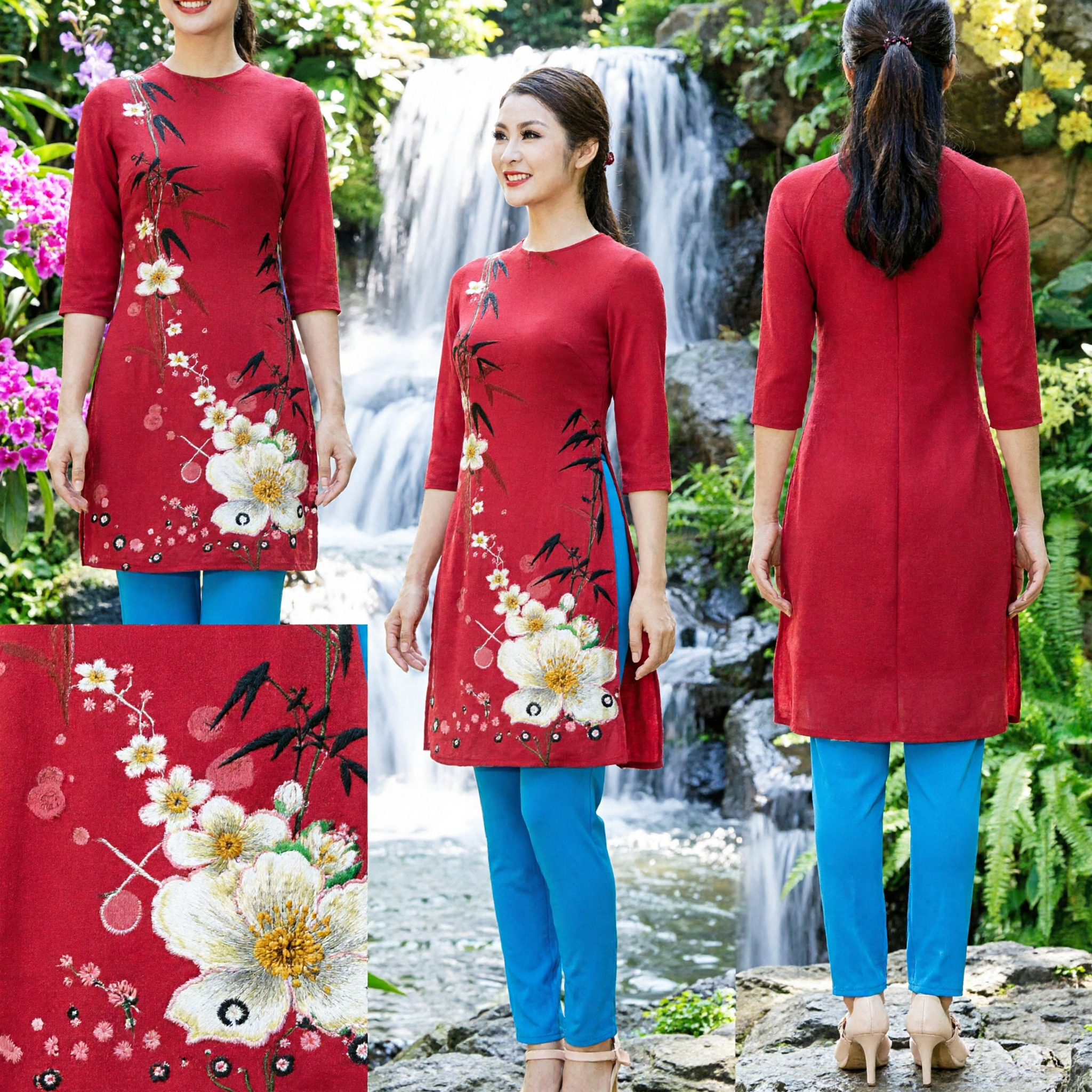 Traditional Vietnamese Ao Dai Mother and Daughter Matching Set Pink Floral Long Sleeve Tunic for Tet Festival